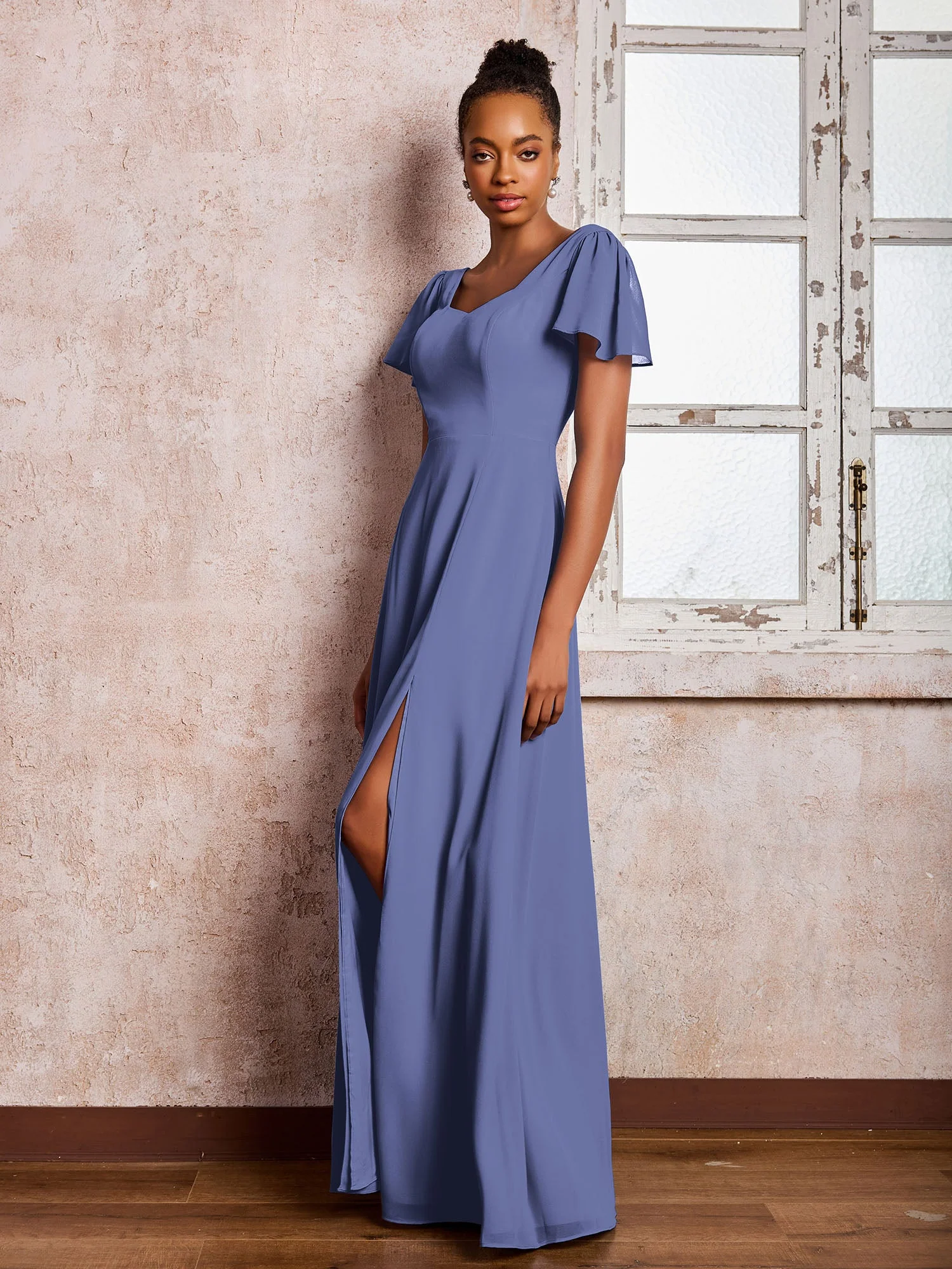 Flügelärmel Rundhals Chiffon A-Linie Kleider mit Schlitz Periwinkleblau - Image 3