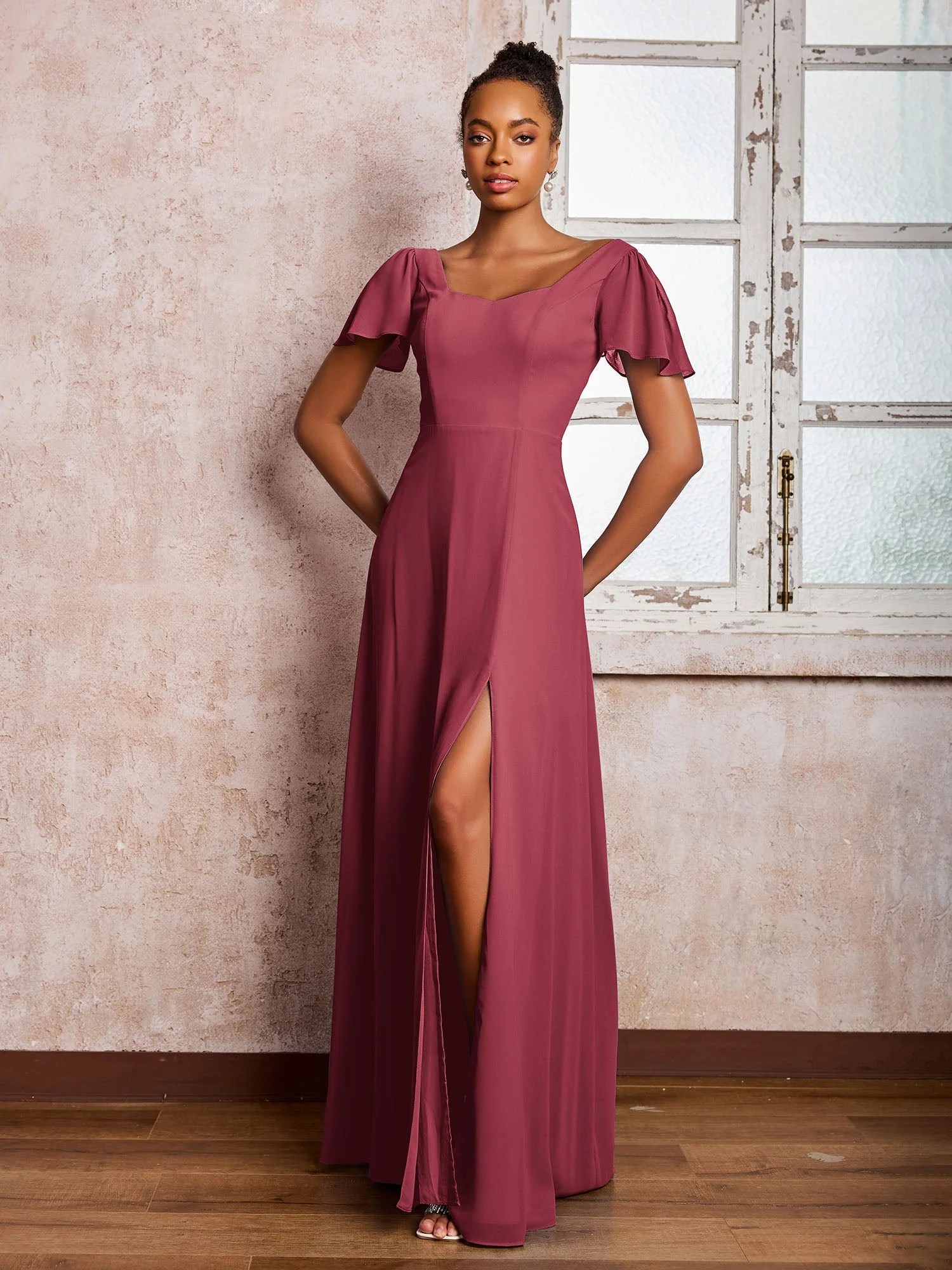 Flügelärmel Rundhals Chiffon A-Linie Kleider mit Schlitz Zimtrose