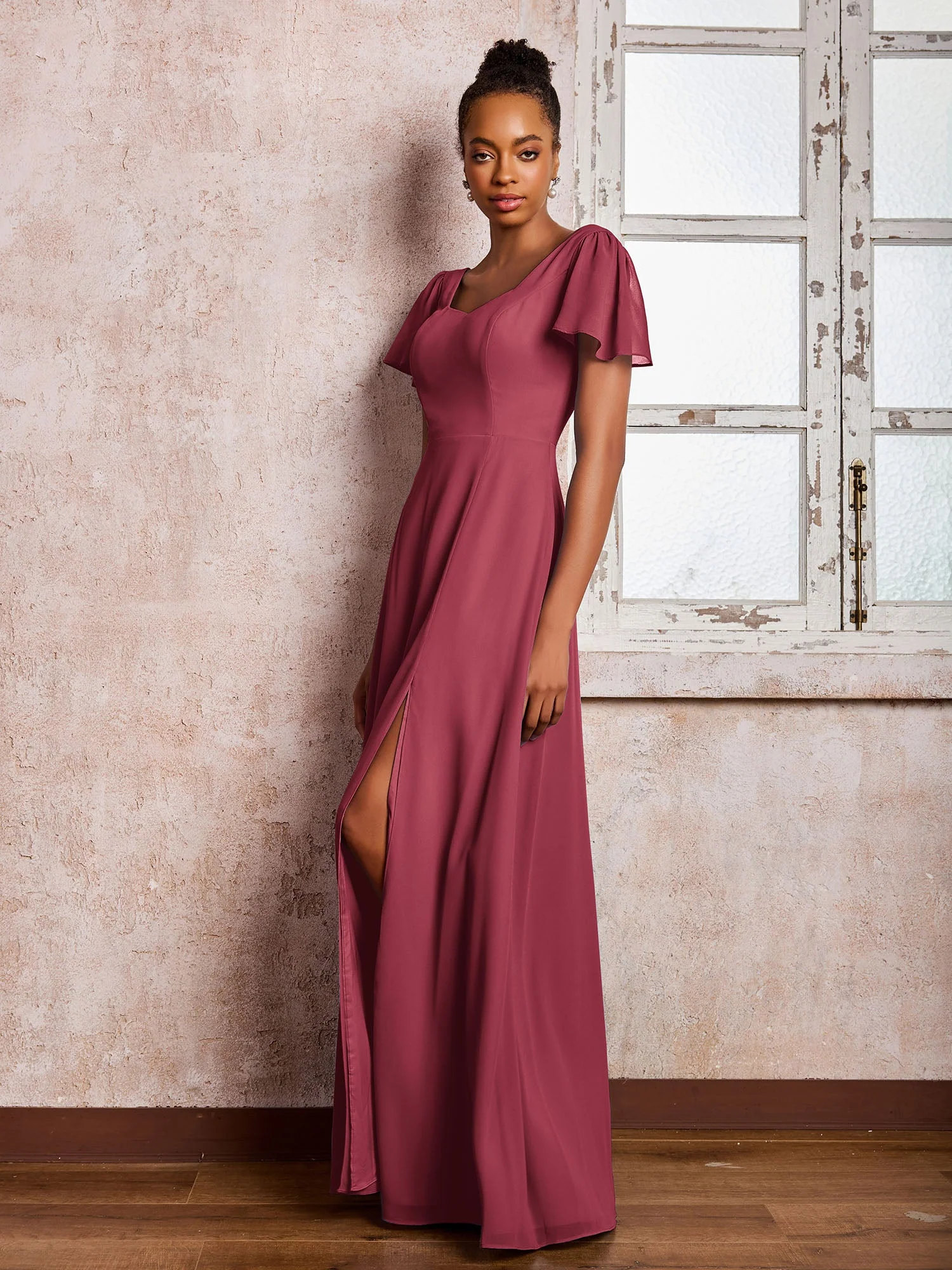 Flügelärmel Rundhals Chiffon A-Linie Kleider mit Schlitz Zimtrose - Image 3