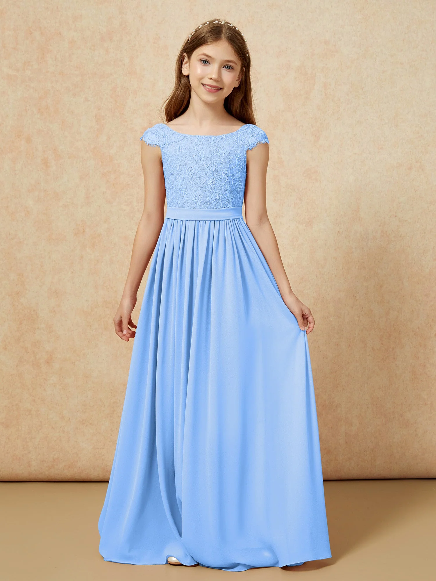 Flügelärmel Spitze Chiffon Junge Brautjungfernkleider Blau