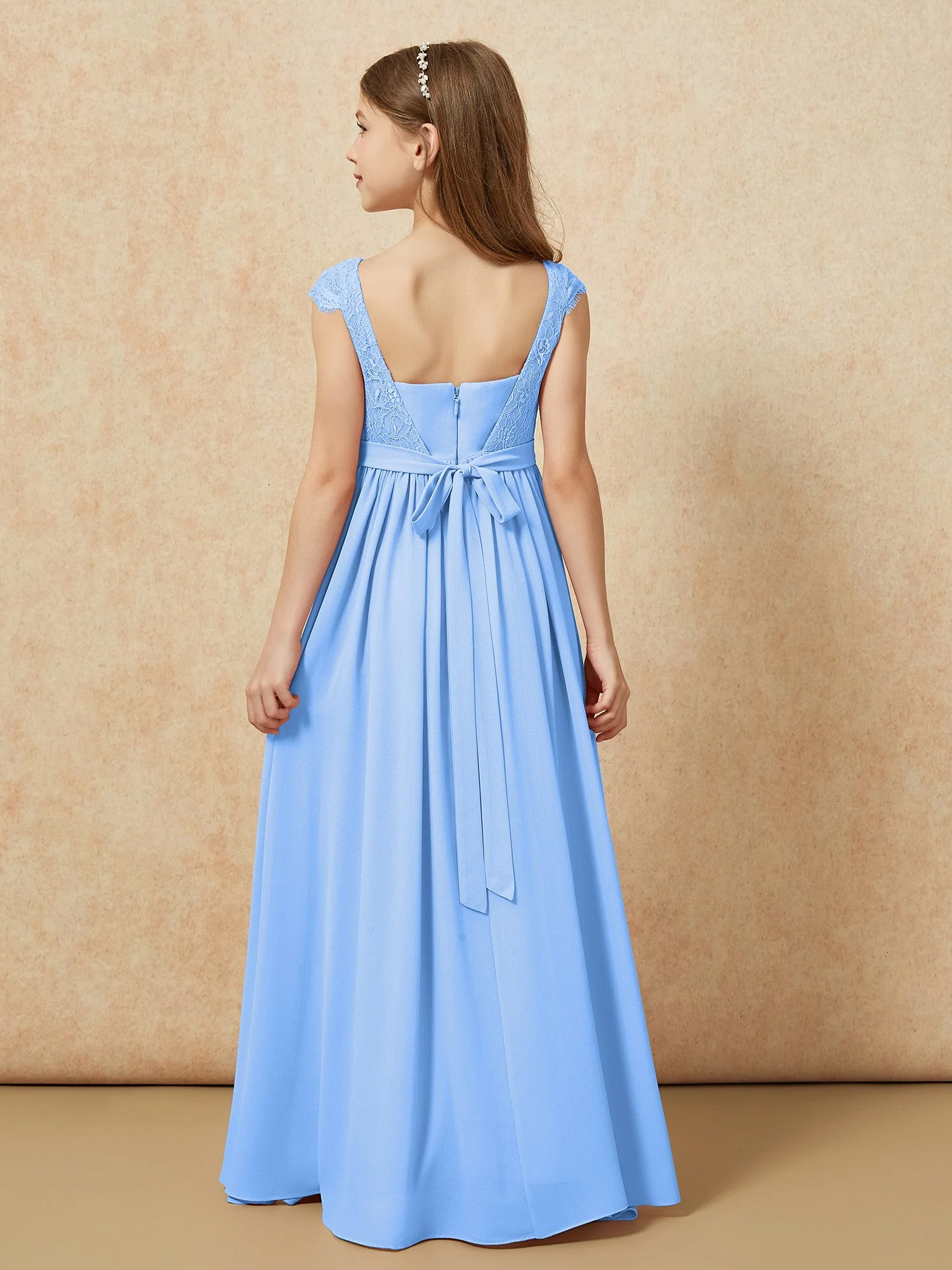 Flügelärmel Spitze Chiffon Junge Brautjungfernkleider Blau - Image 2