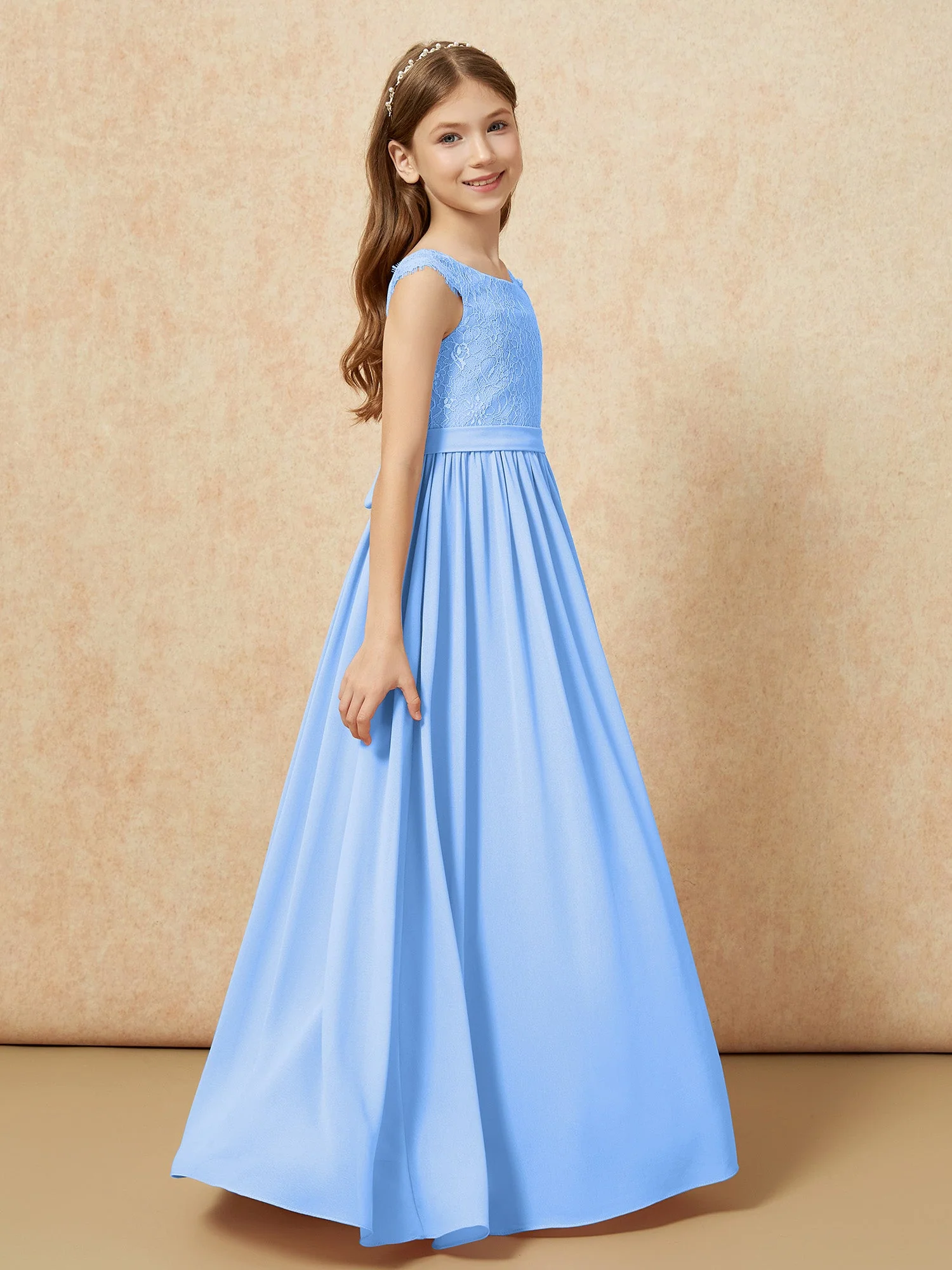Flügelärmel Spitze Chiffon Junge Brautjungfernkleider Blau - Image 3