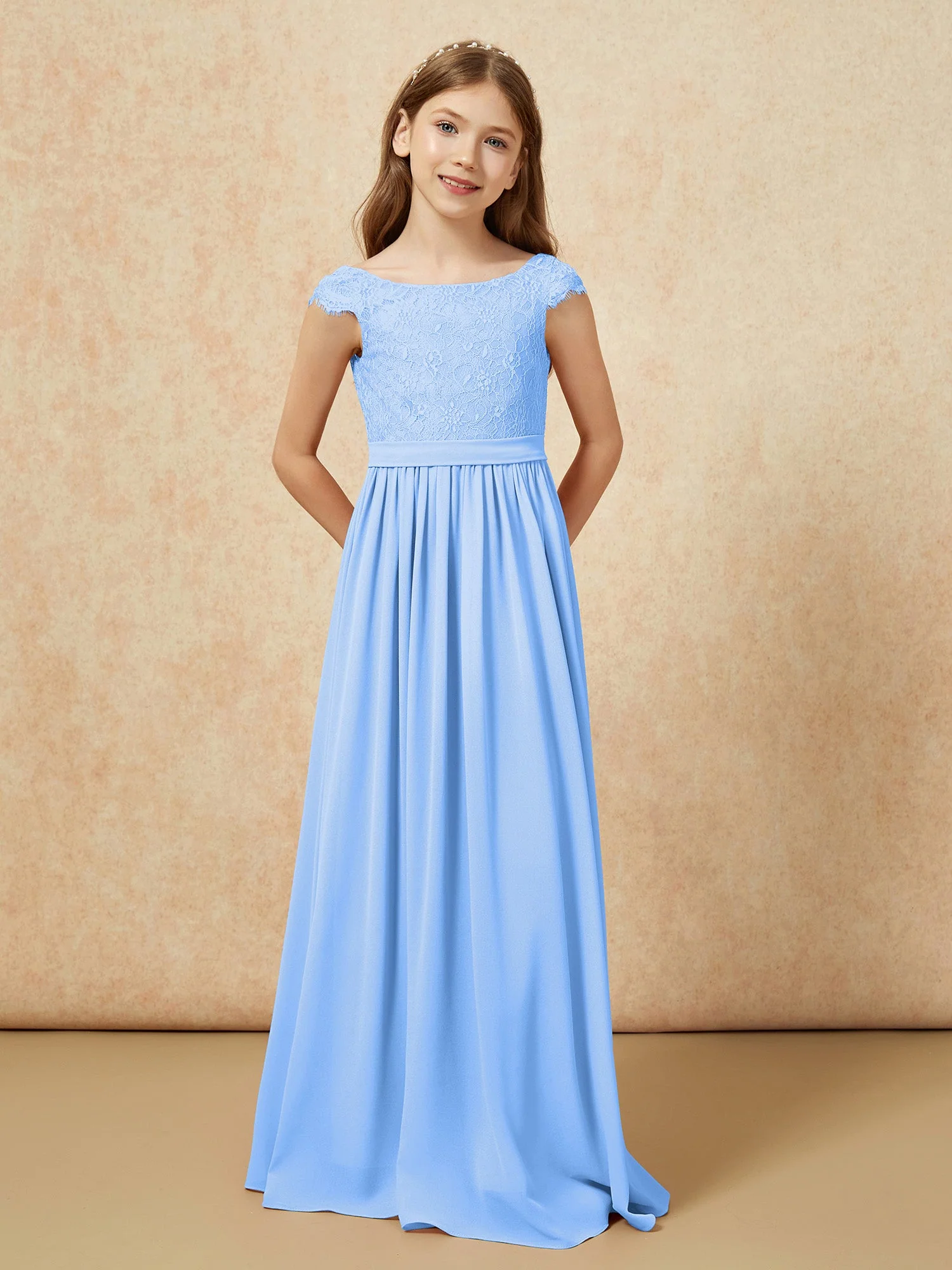 Flügelärmel Spitze Chiffon Junge Brautjungfernkleider Blau - Image 4