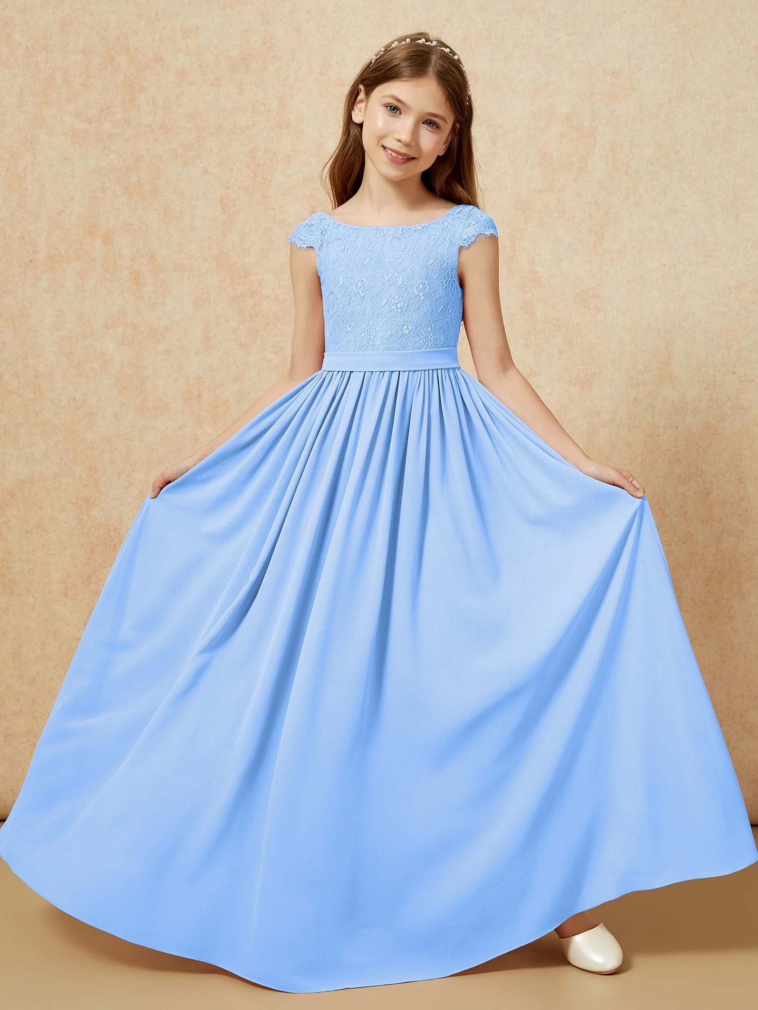 Flügelärmel Spitze Chiffon Junge Brautjungfernkleider Blau - Image 5