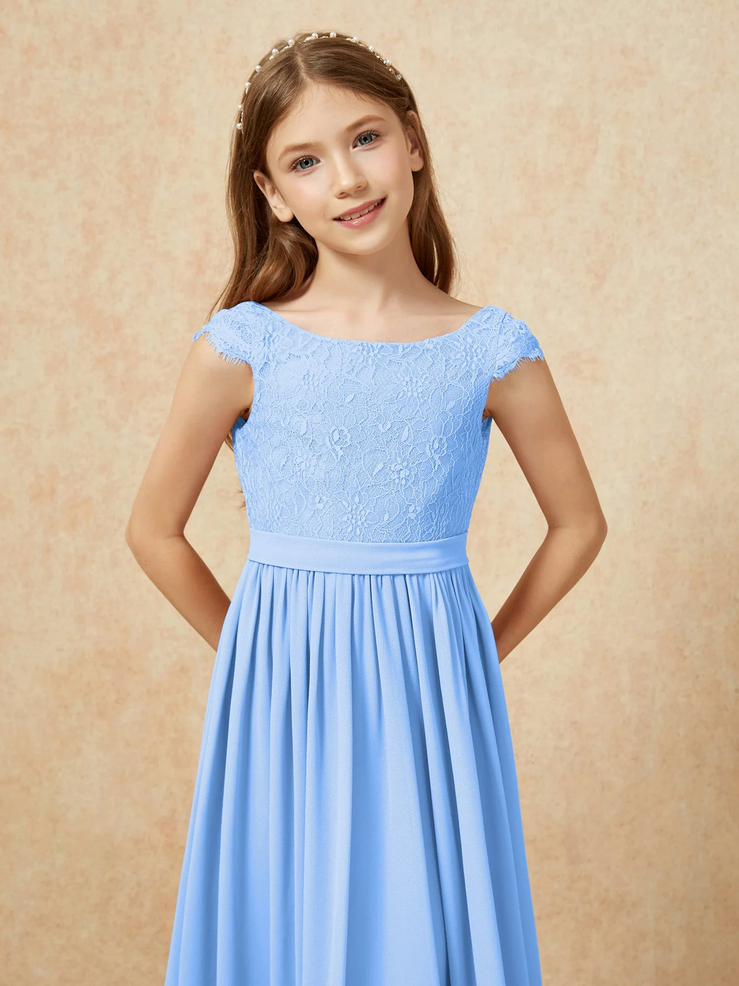 Flügelärmel Spitze Chiffon Junge Brautjungfernkleider Blau - Image 6