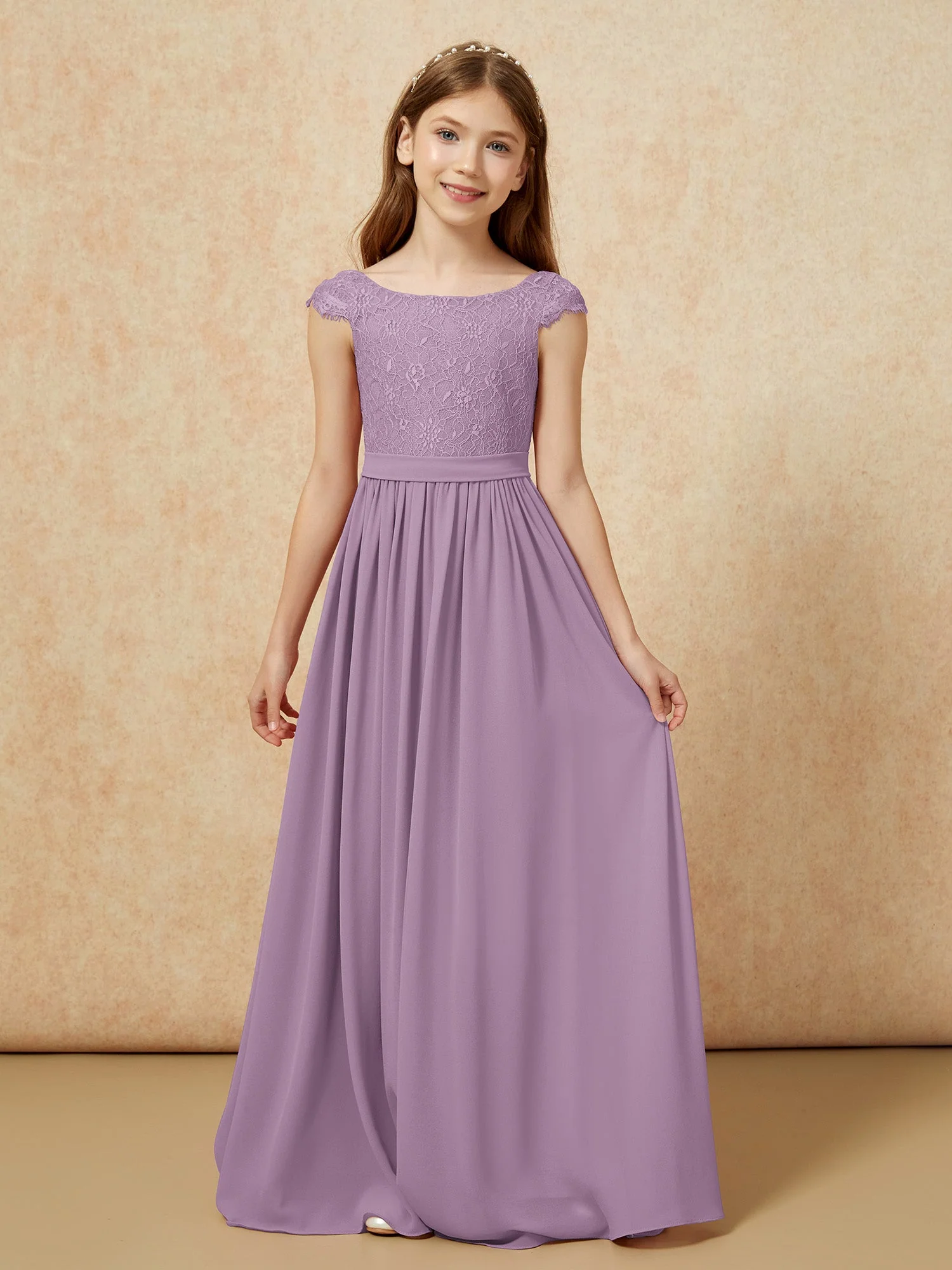 Flügelärmel Spitze Chiffon Junge Brautjungfernkleider Blauregen