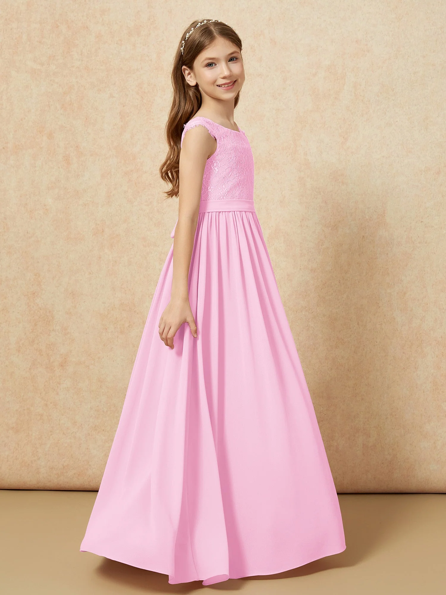 Flügelärmel Spitze Chiffon Junge Brautjungfernkleider Bonbonrosa - Image 3