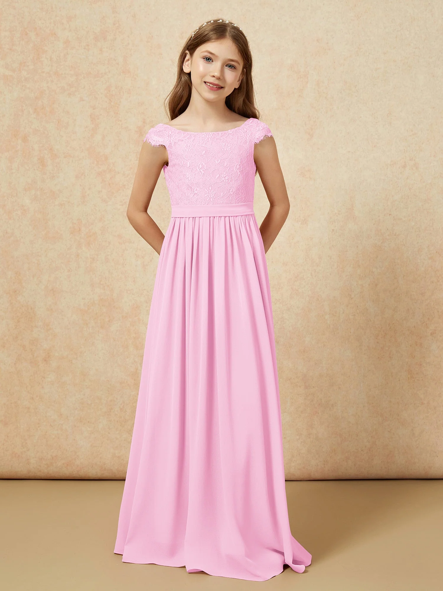 Flügelärmel Spitze Chiffon Junge Brautjungfernkleider Bonbonrosa - Image 4