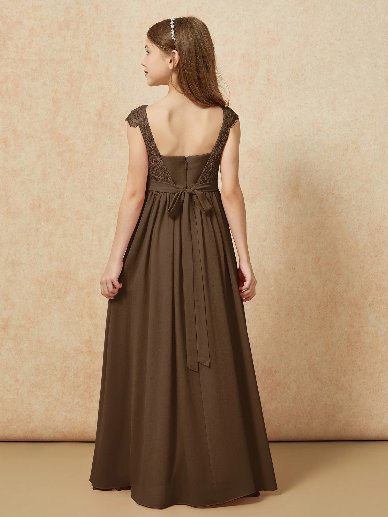 Flügelärmel Spitze Chiffon Junge Brautjungfernkleider Braun - Image 2