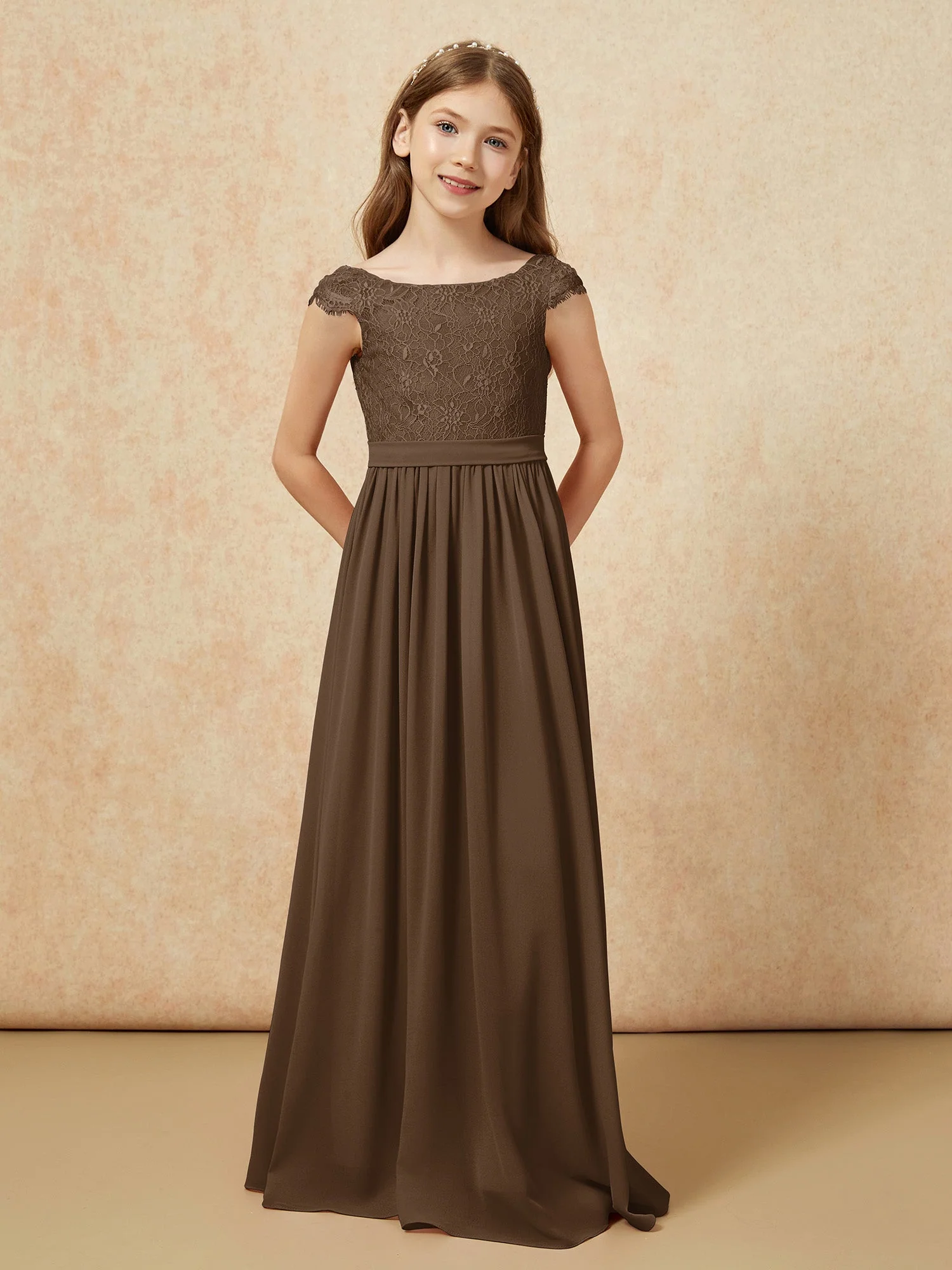 Flügelärmel Spitze Chiffon Junge Brautjungfernkleider Braun - Image 4