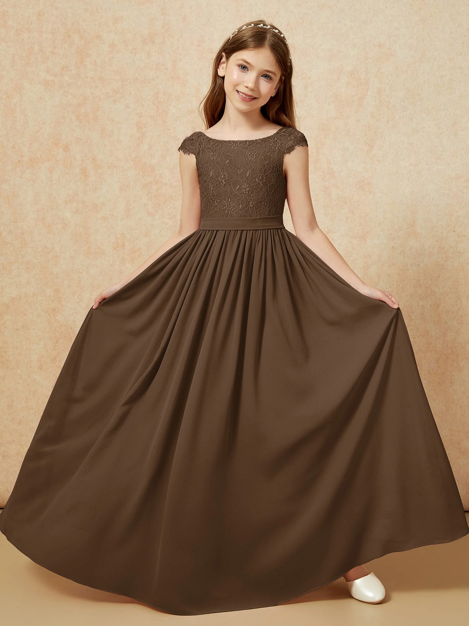 Flügelärmel Spitze Chiffon Junge Brautjungfernkleider Braun - Image 5
