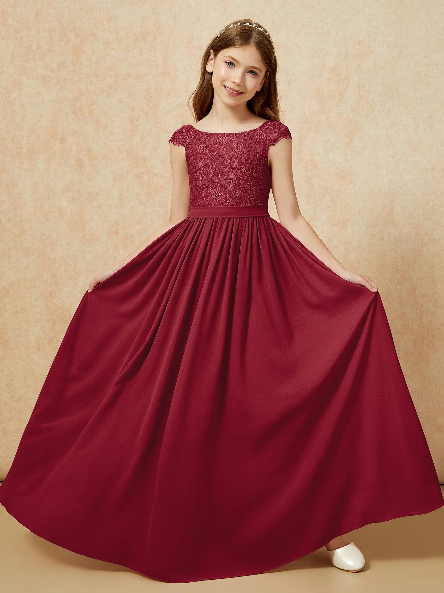 Flügelärmel Spitze Chiffon Junge Brautjungfernkleider Burgunderrot - Image 5