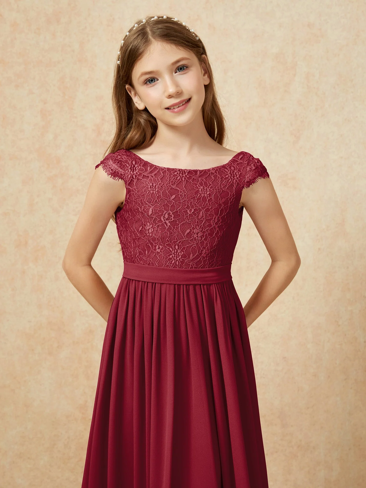 Flügelärmel Spitze Chiffon Junge Brautjungfernkleider Burgunderrot - Image 6