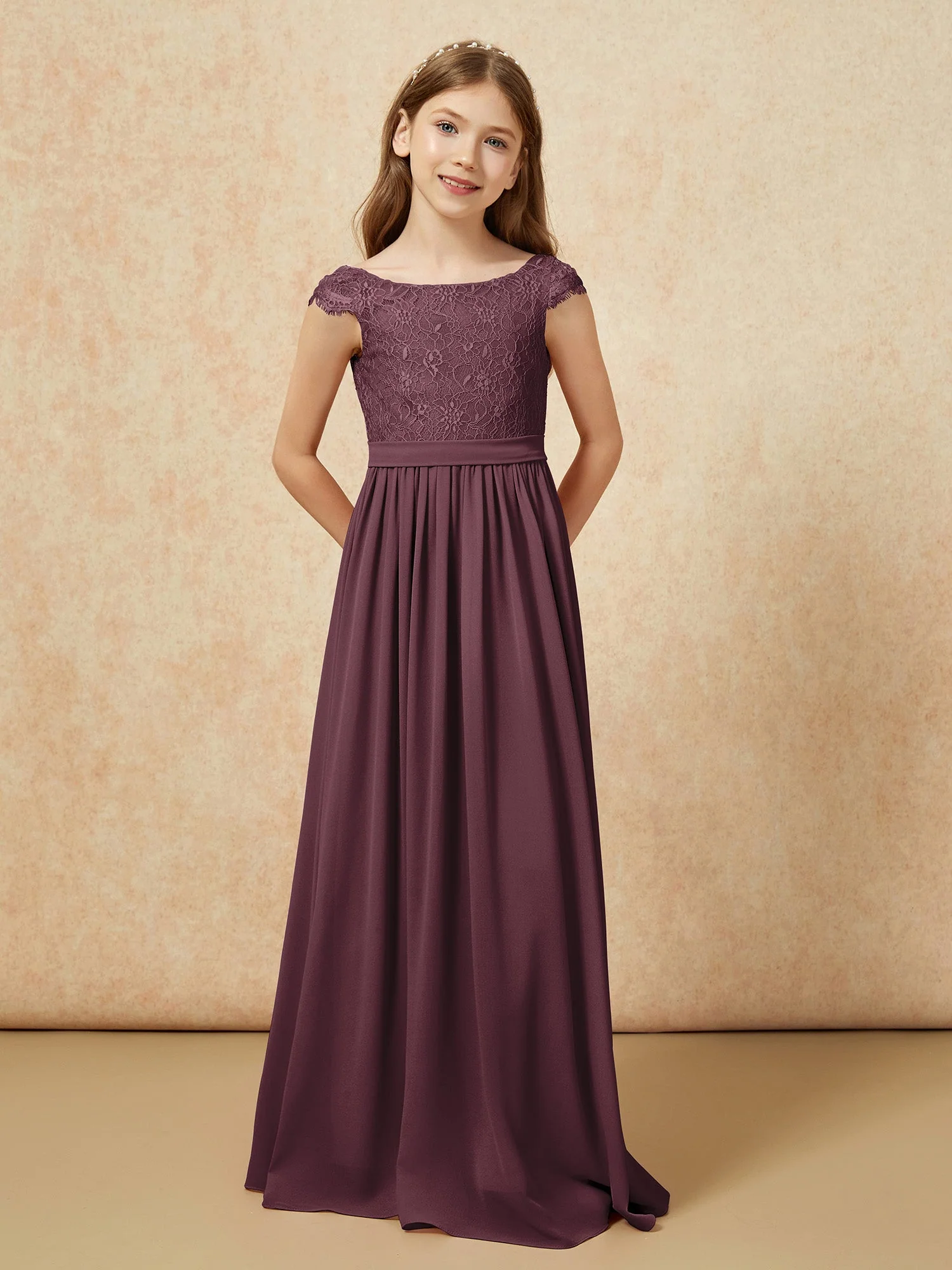 Flügelärmel Spitze Chiffon Junge Brautjungfernkleider Cabernet - Image 4