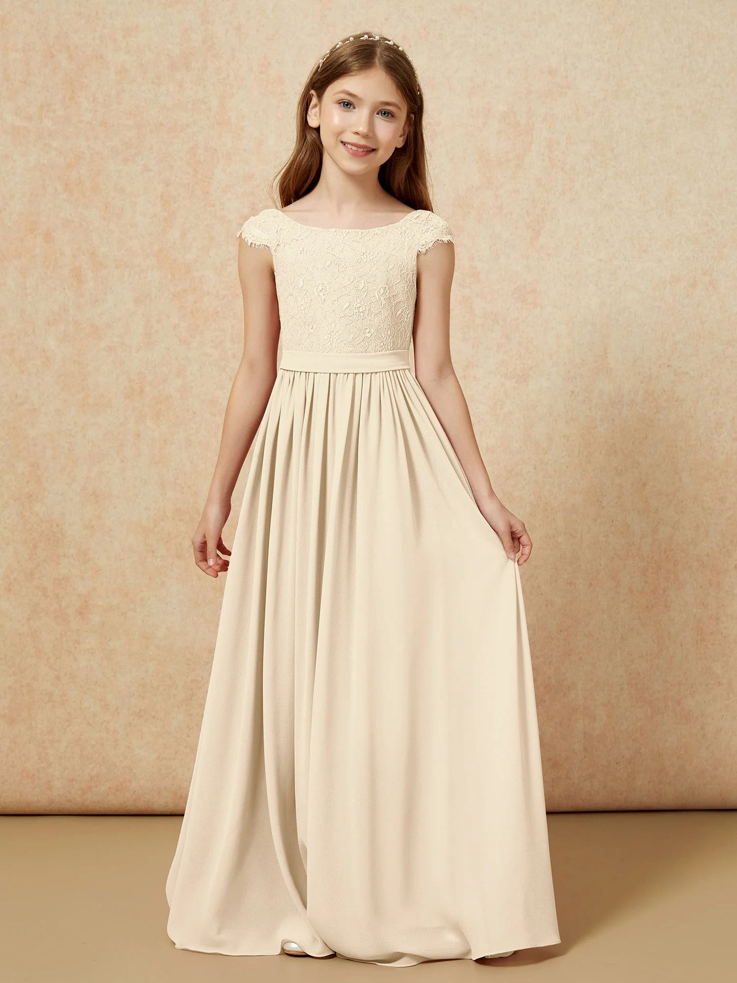 Flügelärmel Spitze Chiffon Junge Brautjungfernkleider Champagner