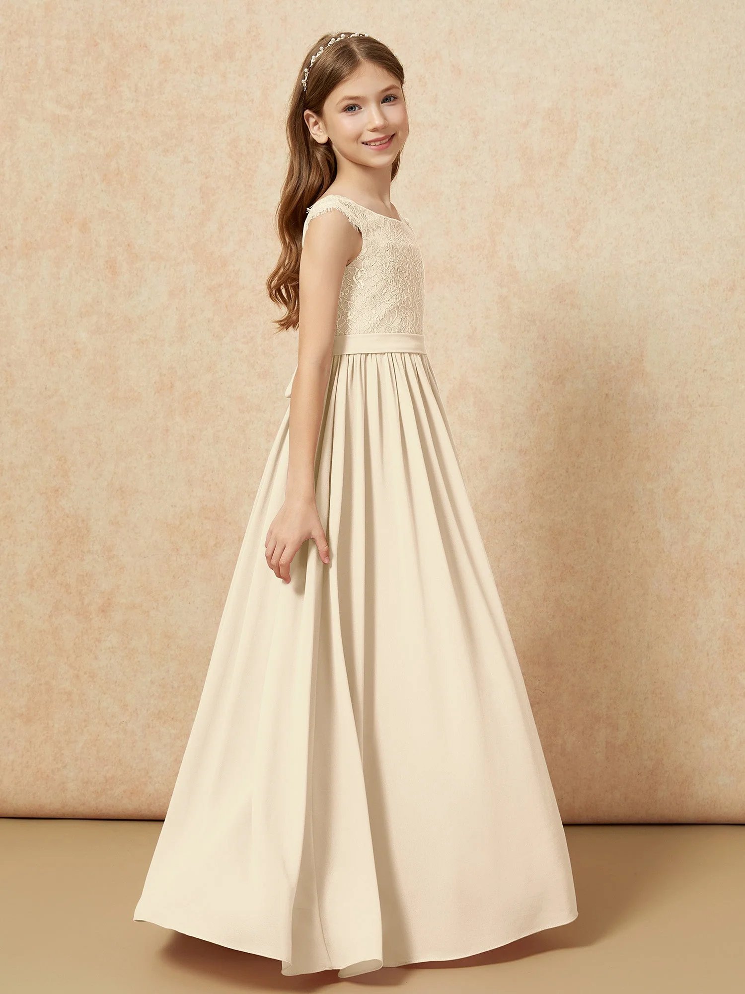 Flügelärmel Spitze Chiffon Junge Brautjungfernkleider Champagner - Image 3