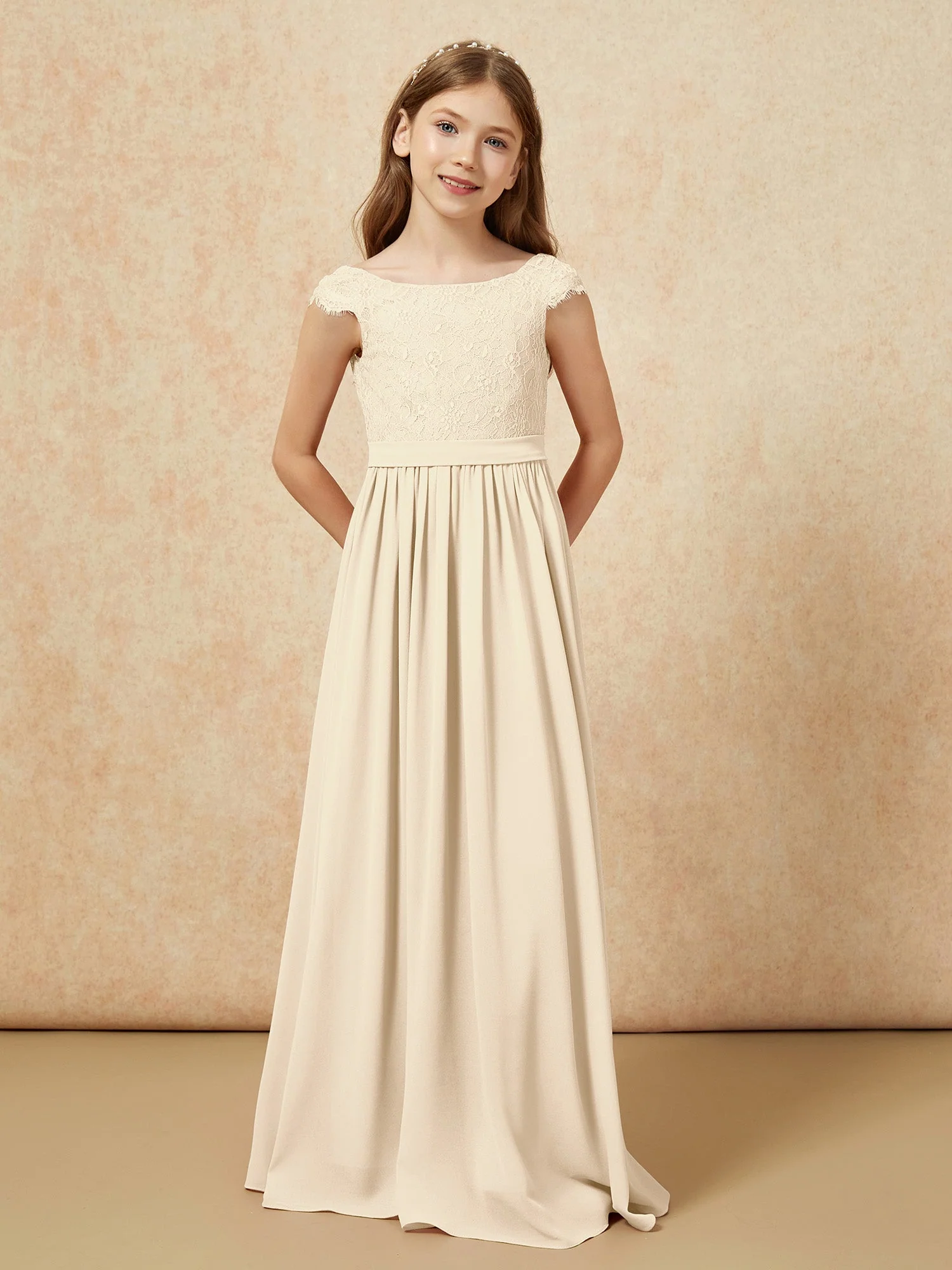 Flügelärmel Spitze Chiffon Junge Brautjungfernkleider Champagner - Image 4