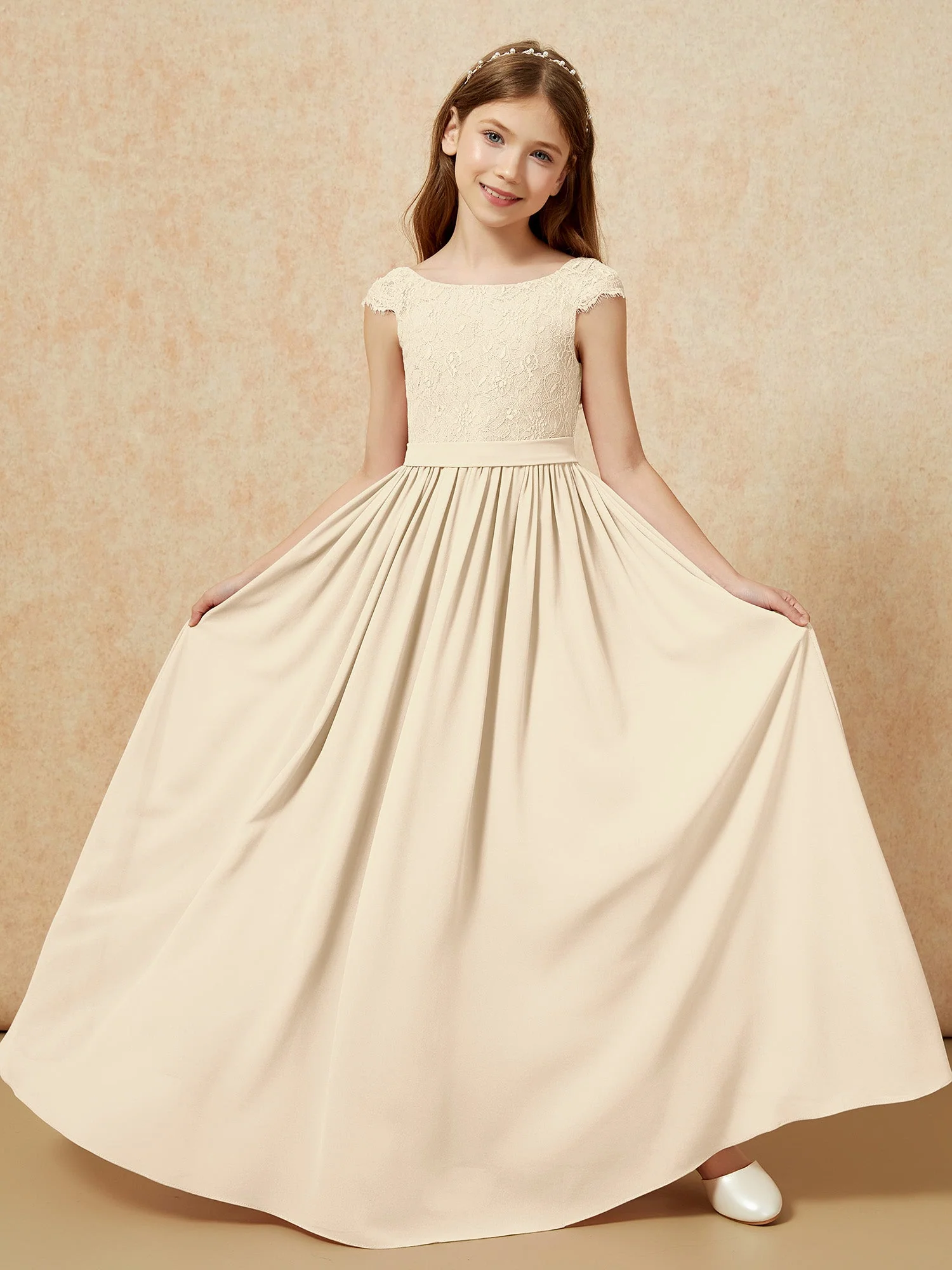 Flügelärmel Spitze Chiffon Junge Brautjungfernkleider Champagner - Image 5