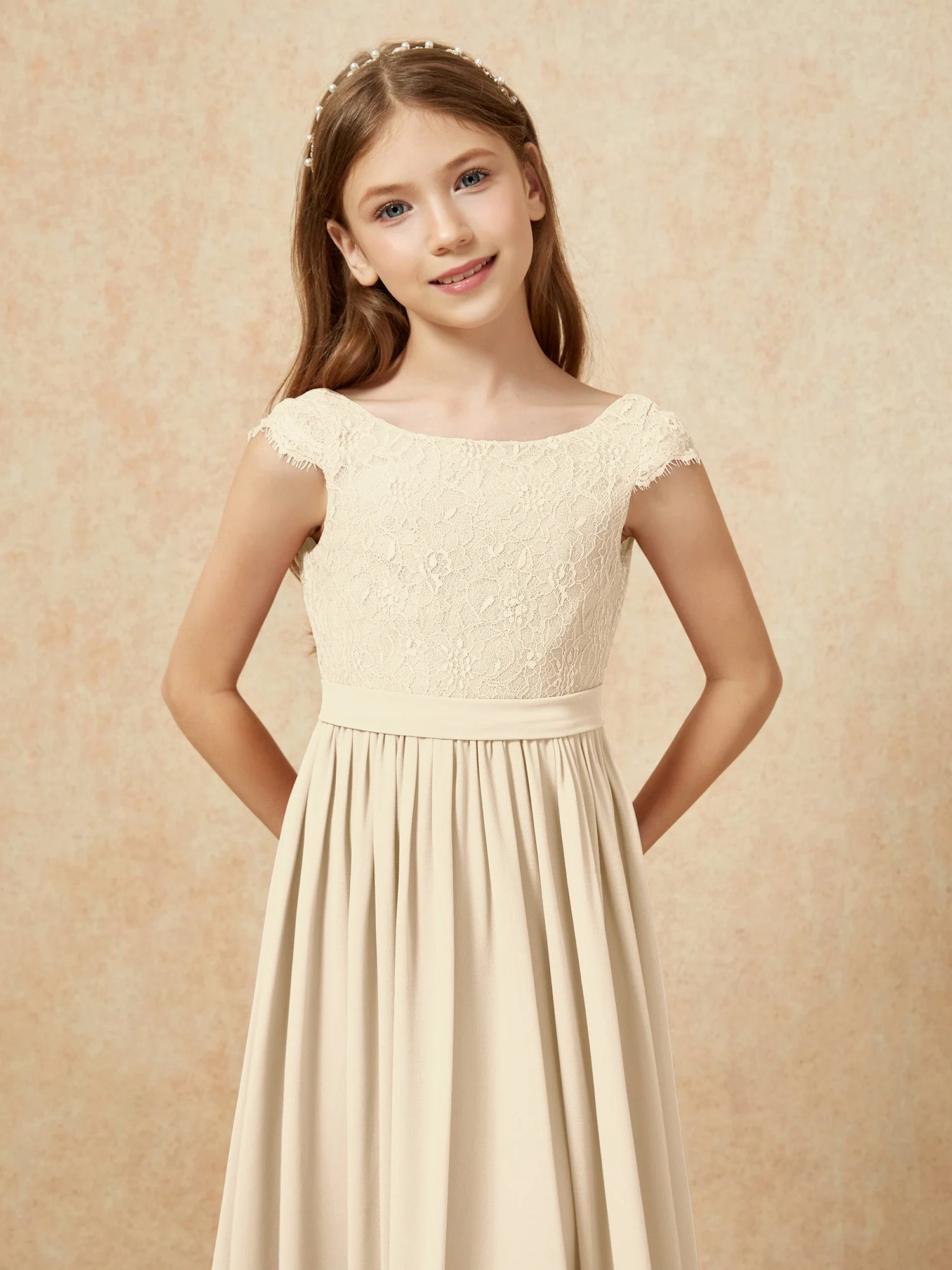 Flügelärmel Spitze Chiffon Junge Brautjungfernkleider Champagner - Image 6