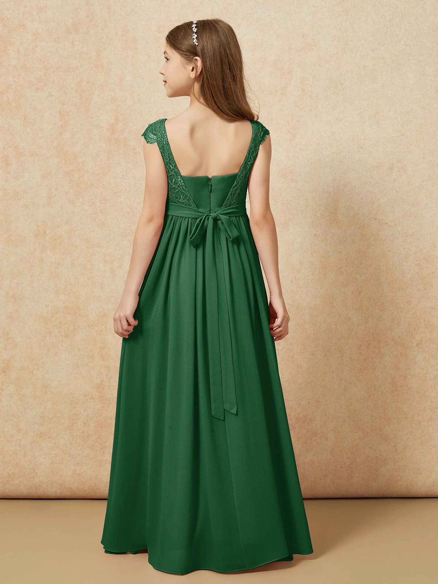 Flügelärmel Spitze Chiffon Junge Brautjungfernkleider Dunkelgrün - Image 2