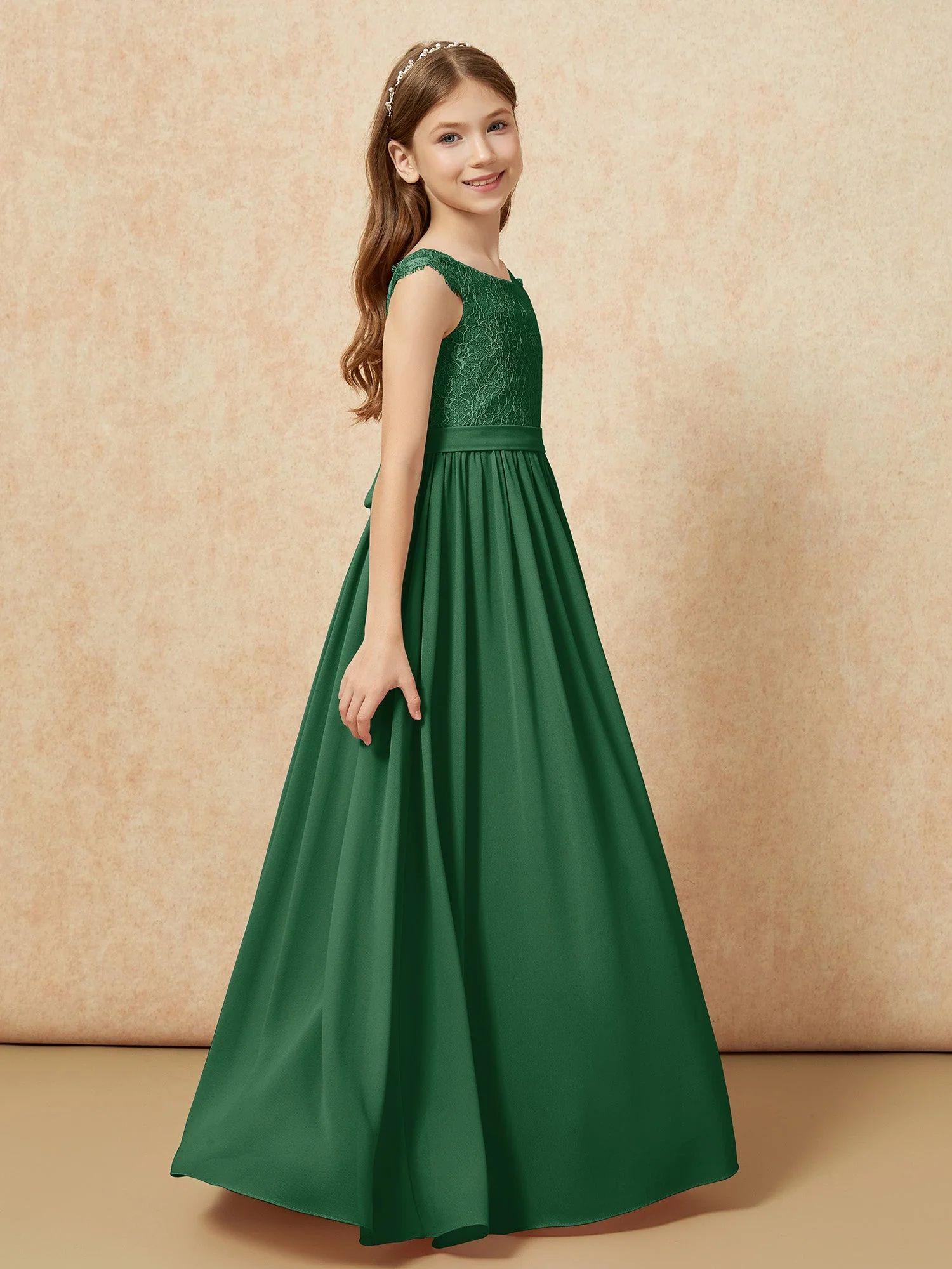 Flügelärmel Spitze Chiffon Junge Brautjungfernkleider Dunkelgrün - Image 3