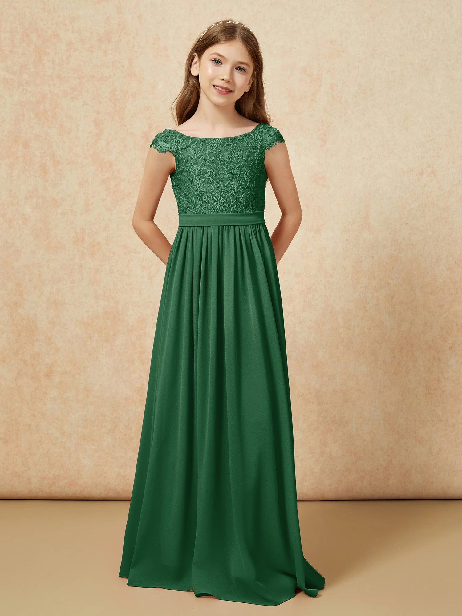 Flügelärmel Spitze Chiffon Junge Brautjungfernkleider Dunkelgrün - Image 4
