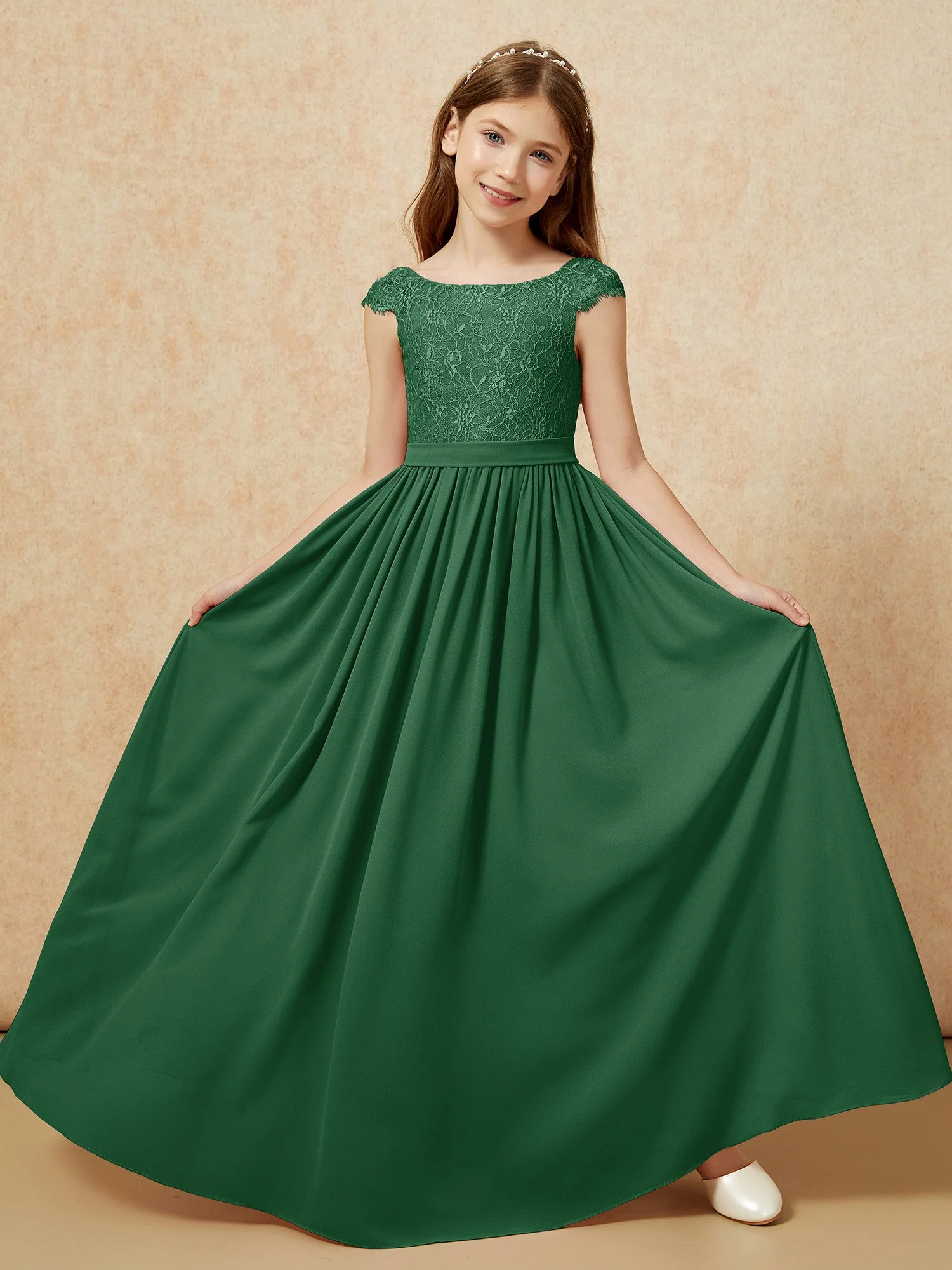 Flügelärmel Spitze Chiffon Junge Brautjungfernkleider Dunkelgrün - Image 5