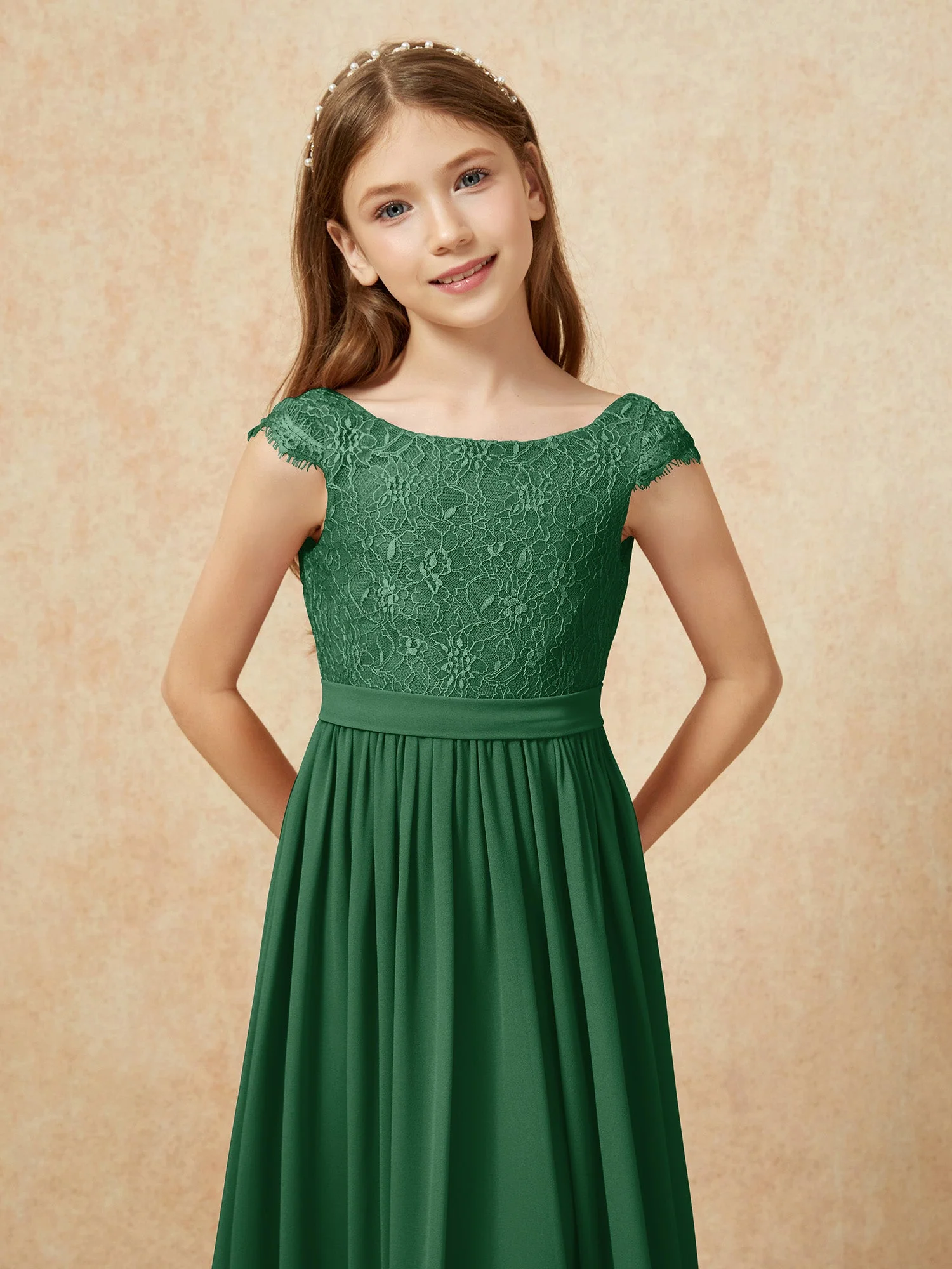 Flügelärmel Spitze Chiffon Junge Brautjungfernkleider Dunkelgrün - Image 6