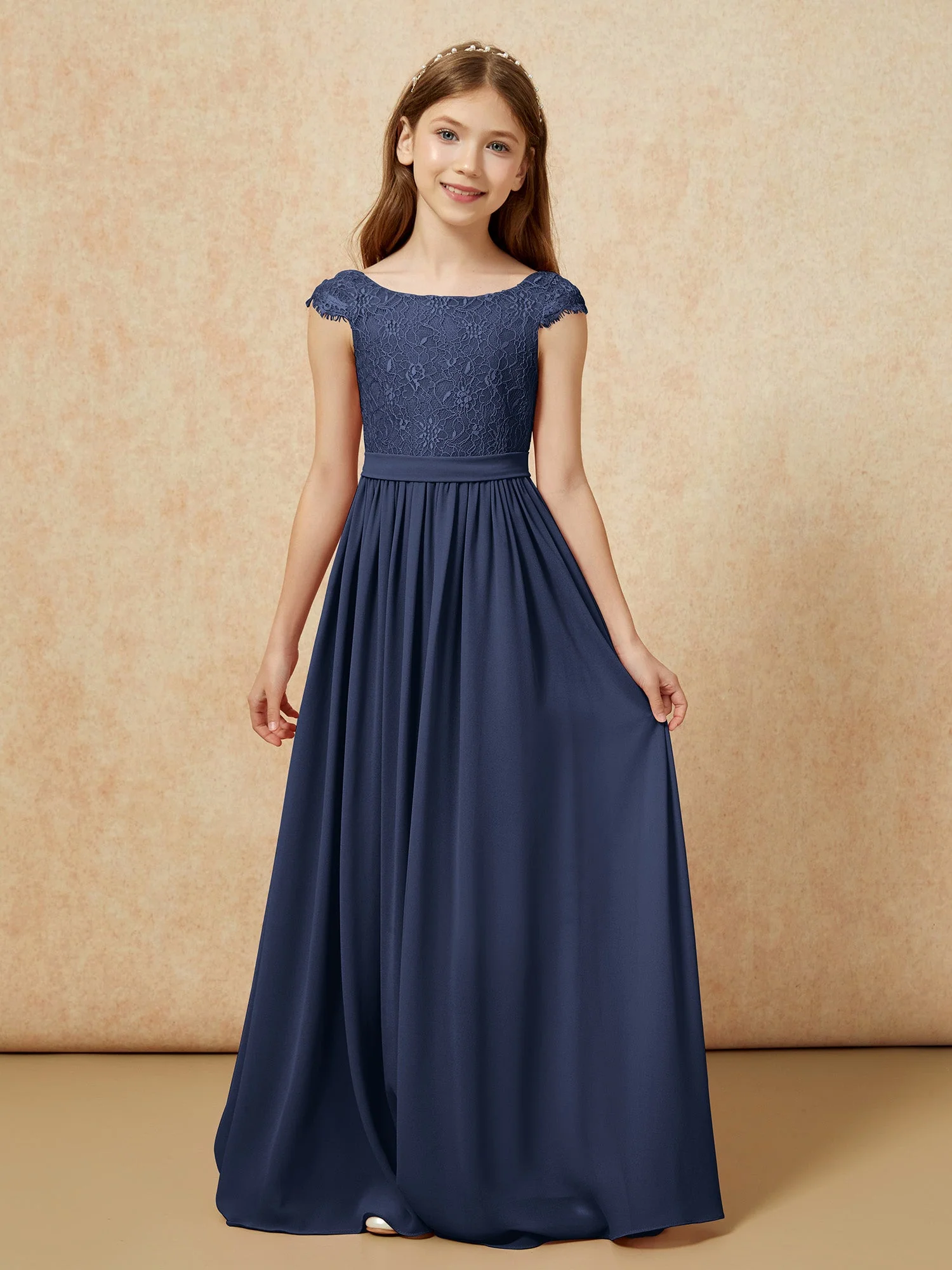 Flügelärmel Spitze Chiffon Junge Brautjungfernkleider Dunkelmarine