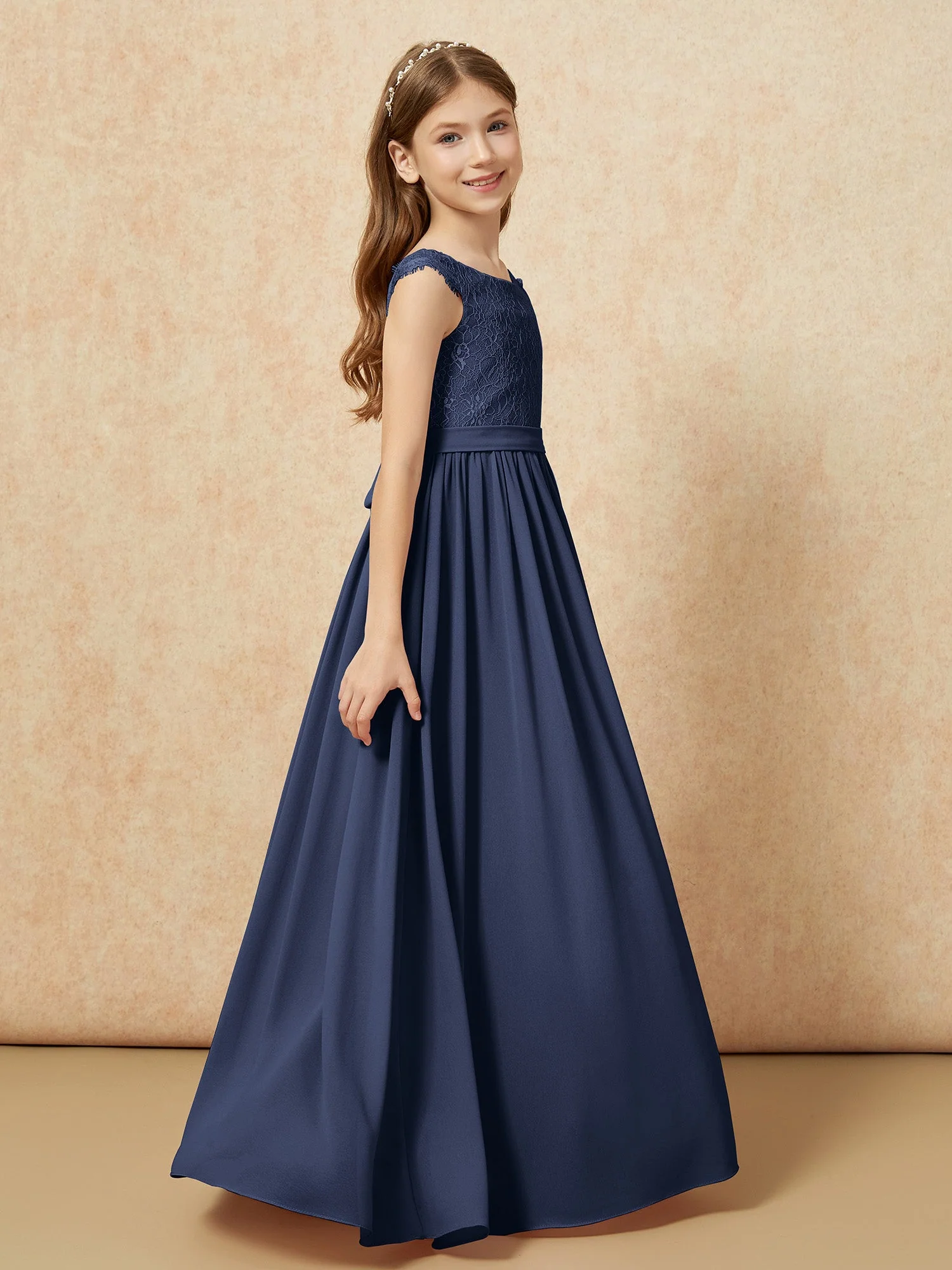 Flügelärmel Spitze Chiffon Junge Brautjungfernkleider Dunkelmarine - Image 3