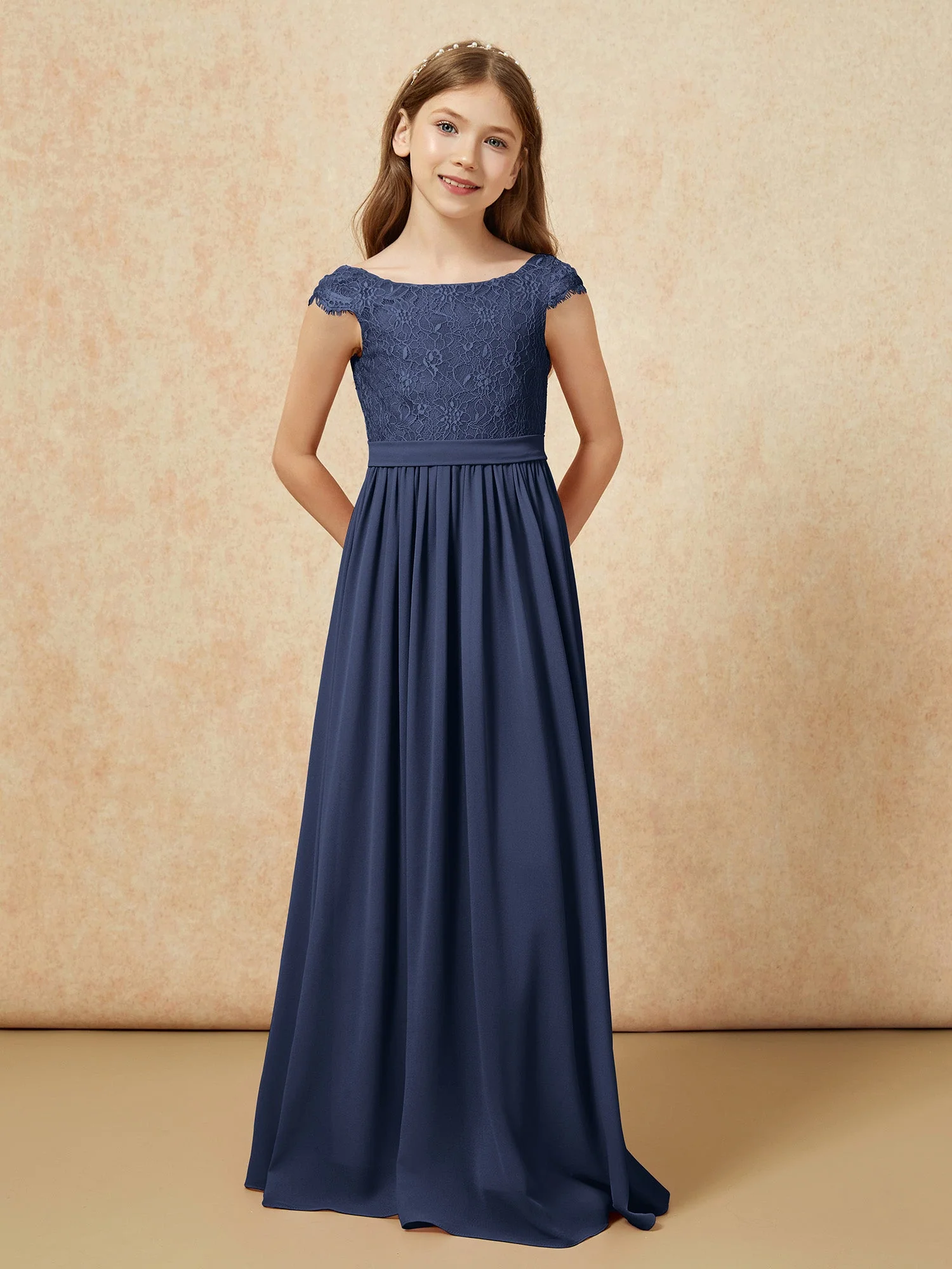 Flügelärmel Spitze Chiffon Junge Brautjungfernkleider Dunkelmarine - Image 4