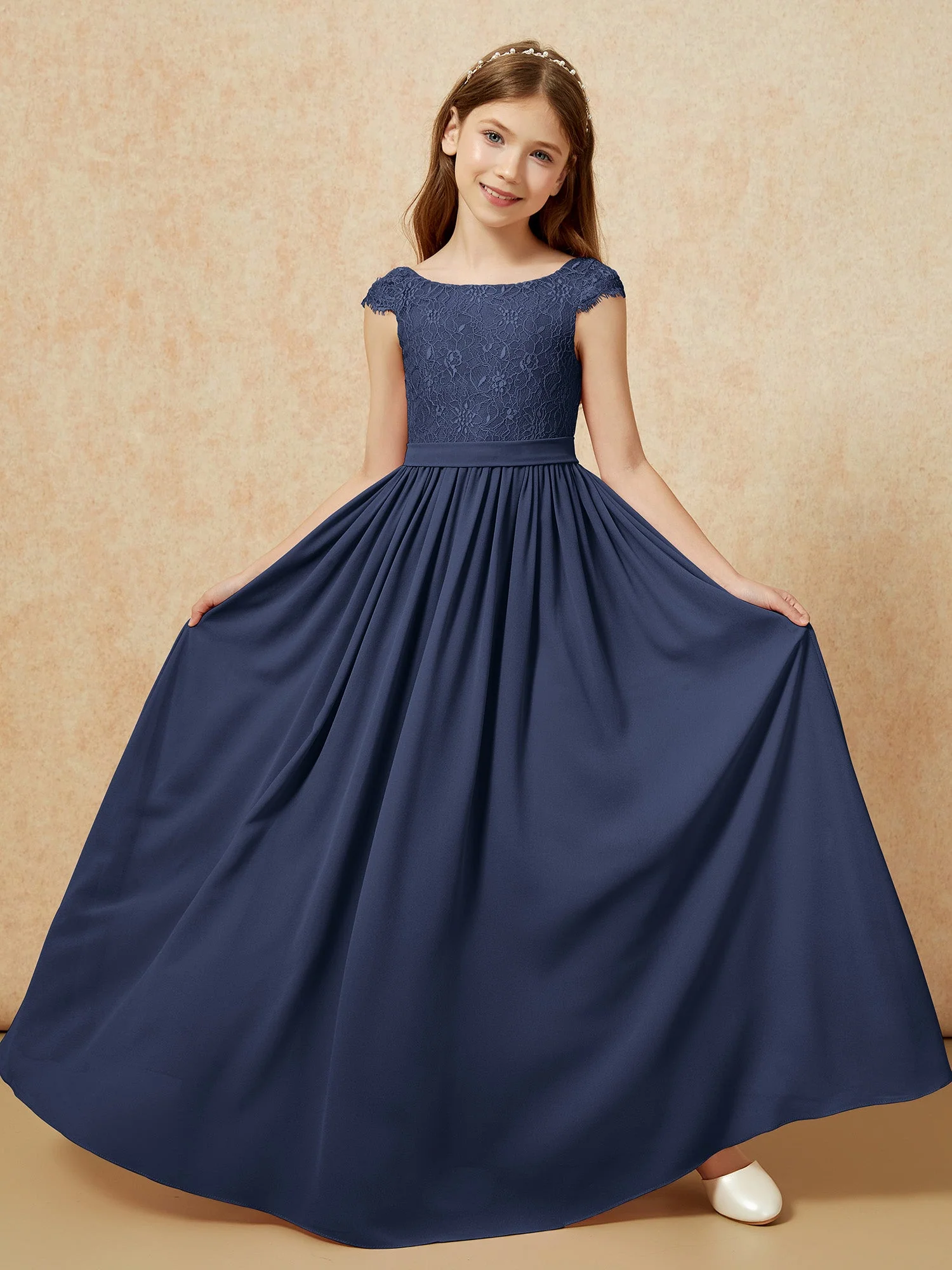 Flügelärmel Spitze Chiffon Junge Brautjungfernkleider Dunkelmarine - Image 5