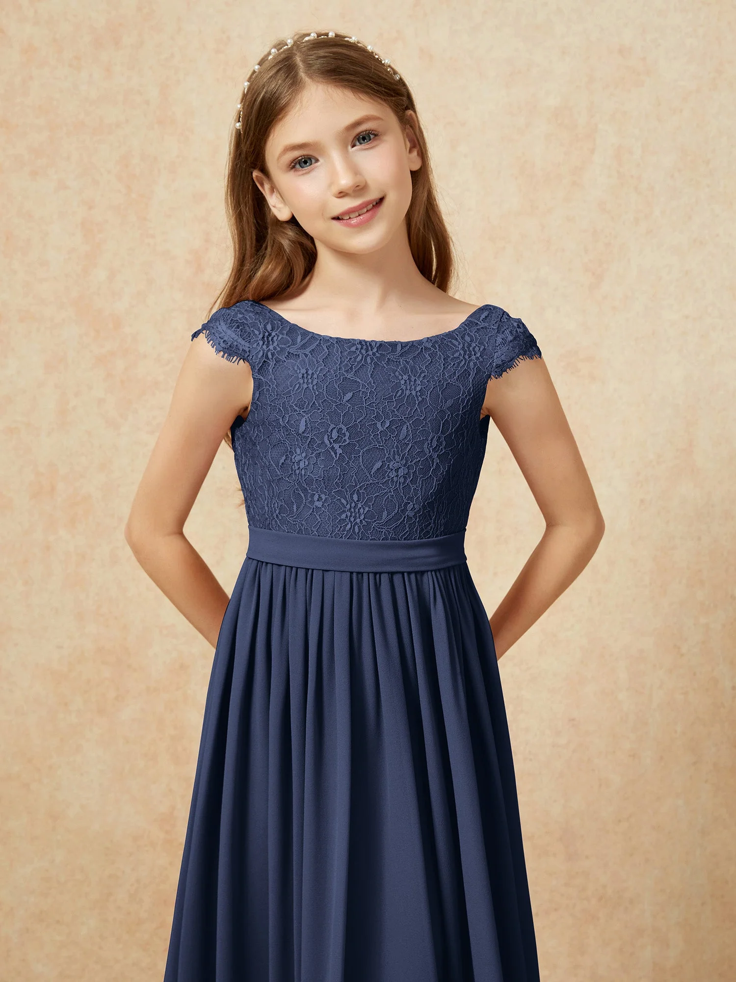 Flügelärmel Spitze Chiffon Junge Brautjungfernkleider Dunkelmarine - Image 6