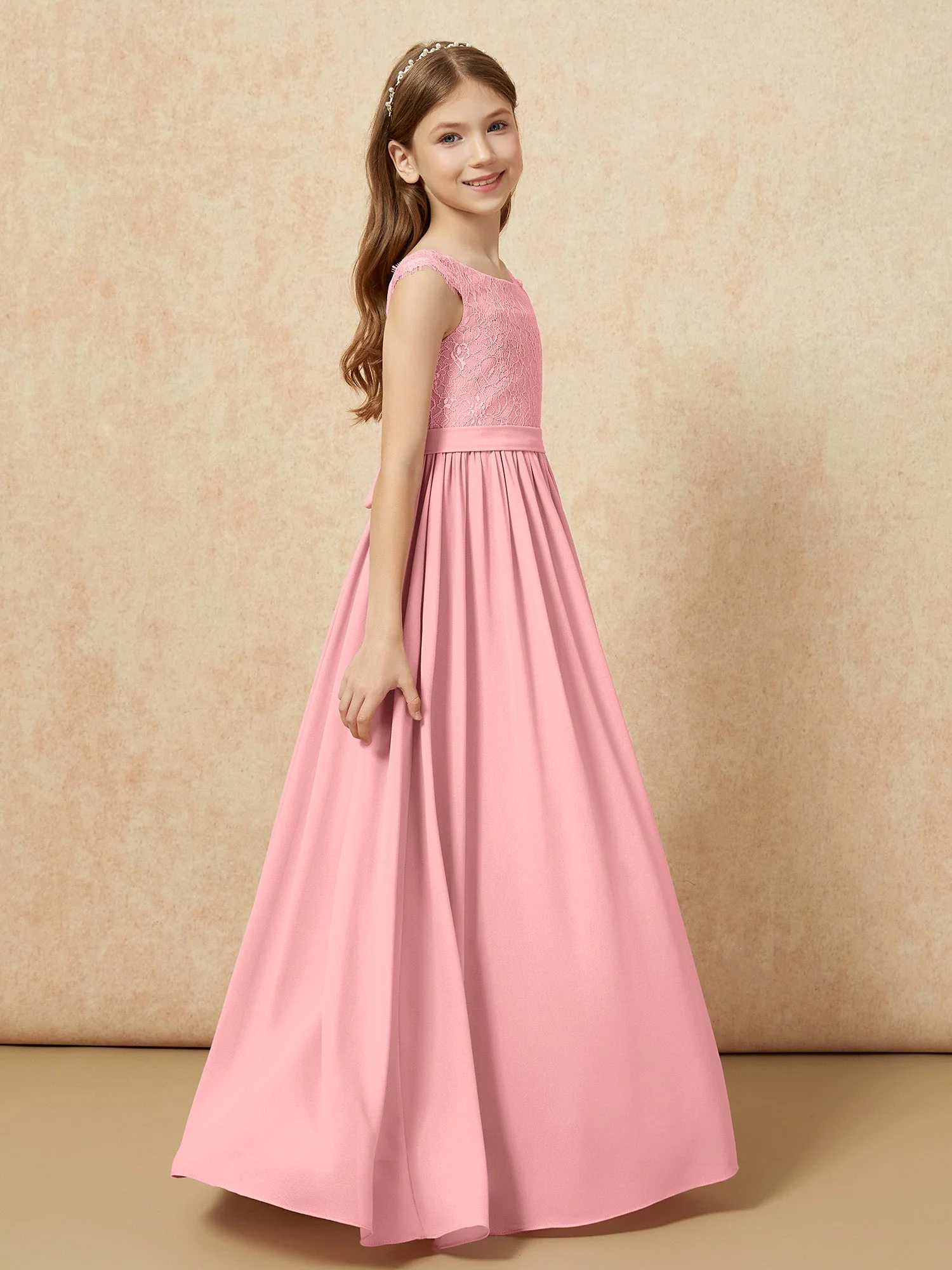 Flügelärmel Spitze Chiffon Junge Brautjungfernkleider Flamingo - Image 3