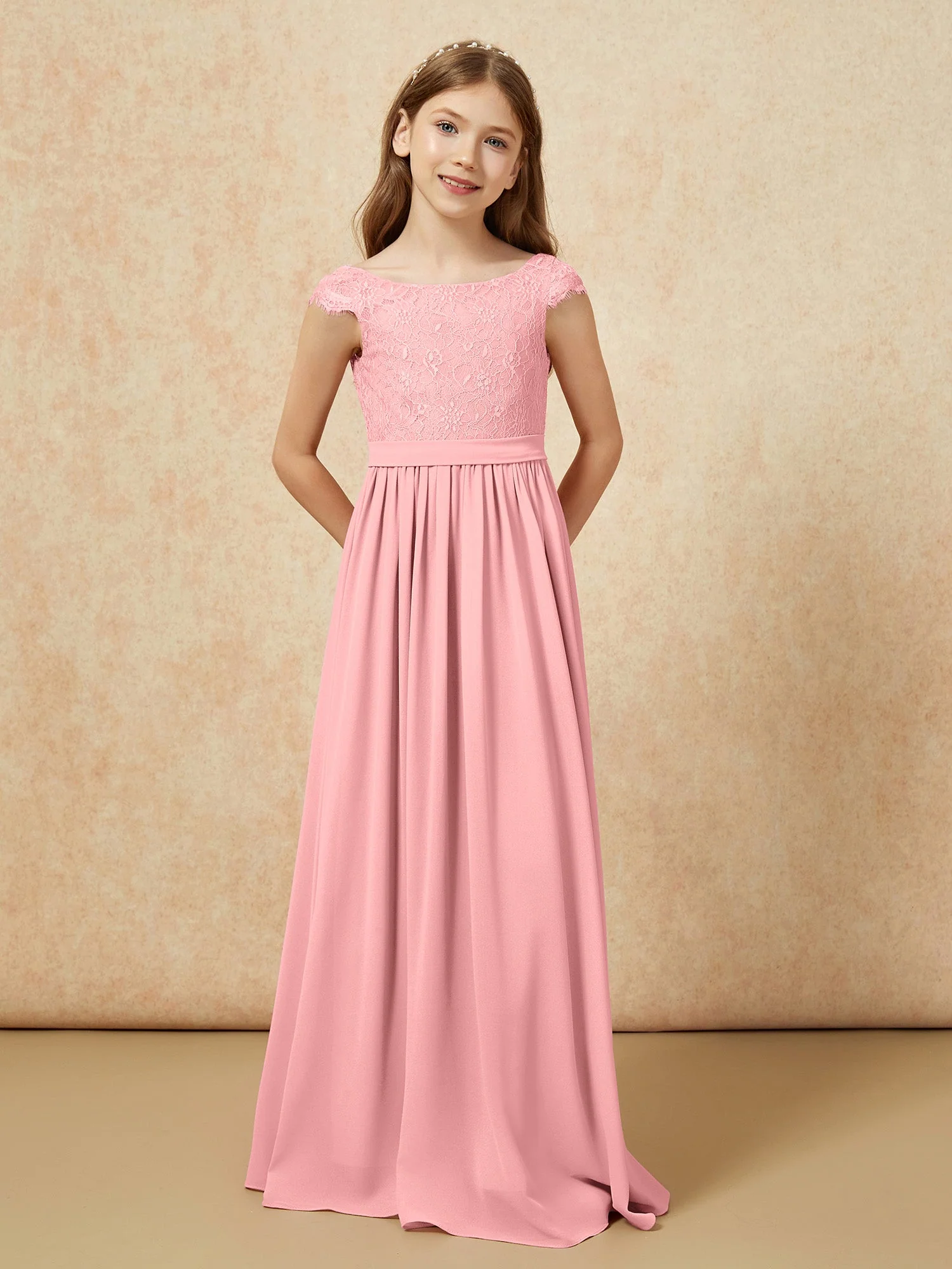 Flügelärmel Spitze Chiffon Junge Brautjungfernkleider Flamingo - Image 4