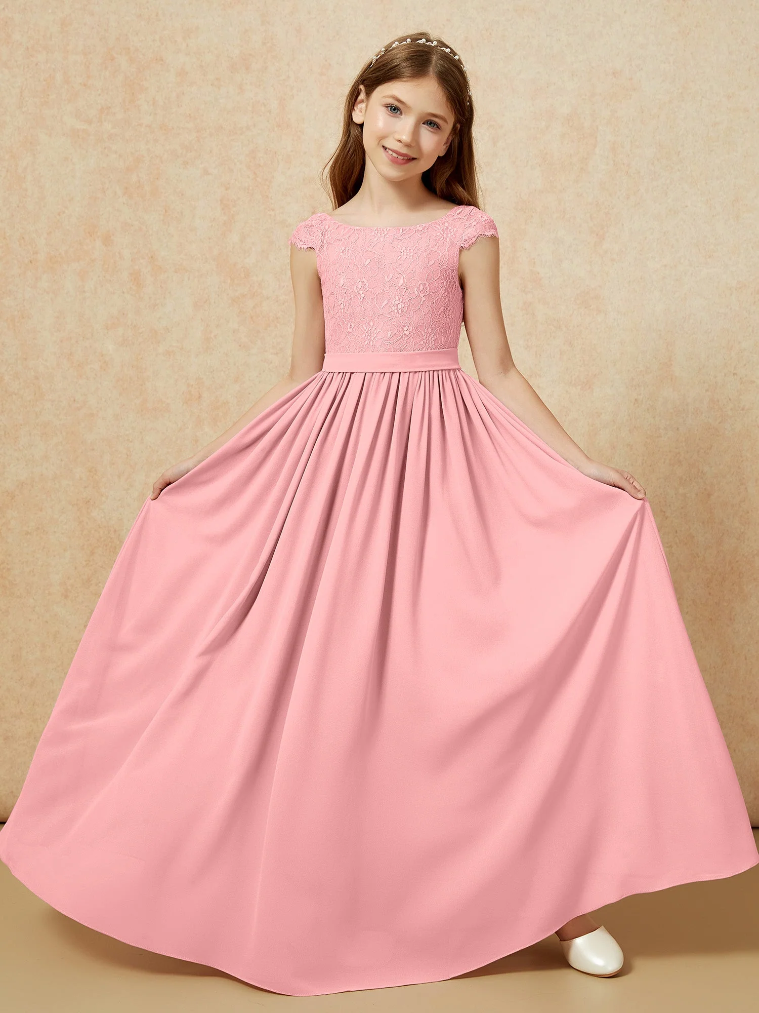 Flügelärmel Spitze Chiffon Junge Brautjungfernkleider Flamingo - Image 5