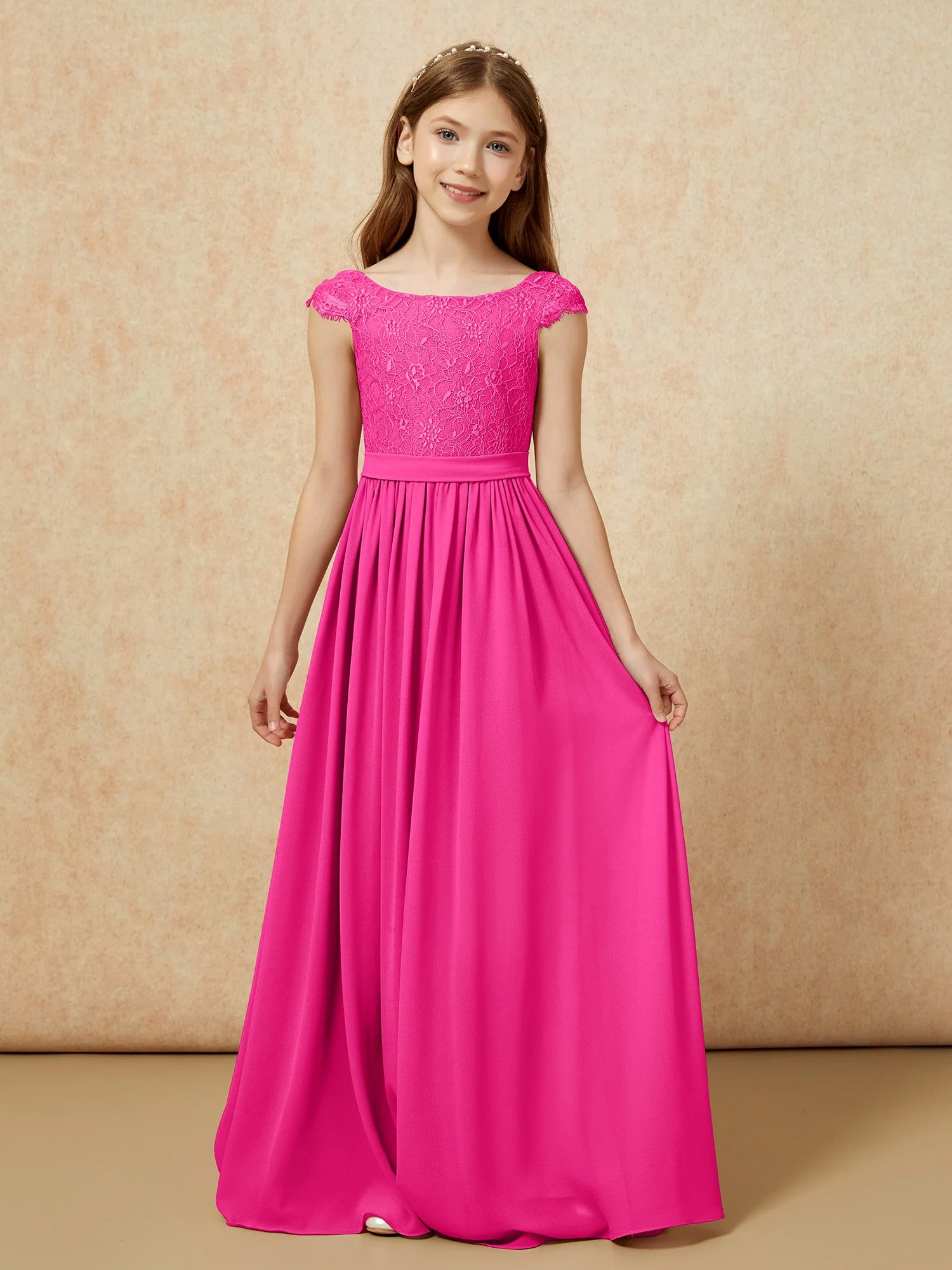 Flügelärmel Spitze Chiffon Junge Brautjungfernkleider Fuchsia
