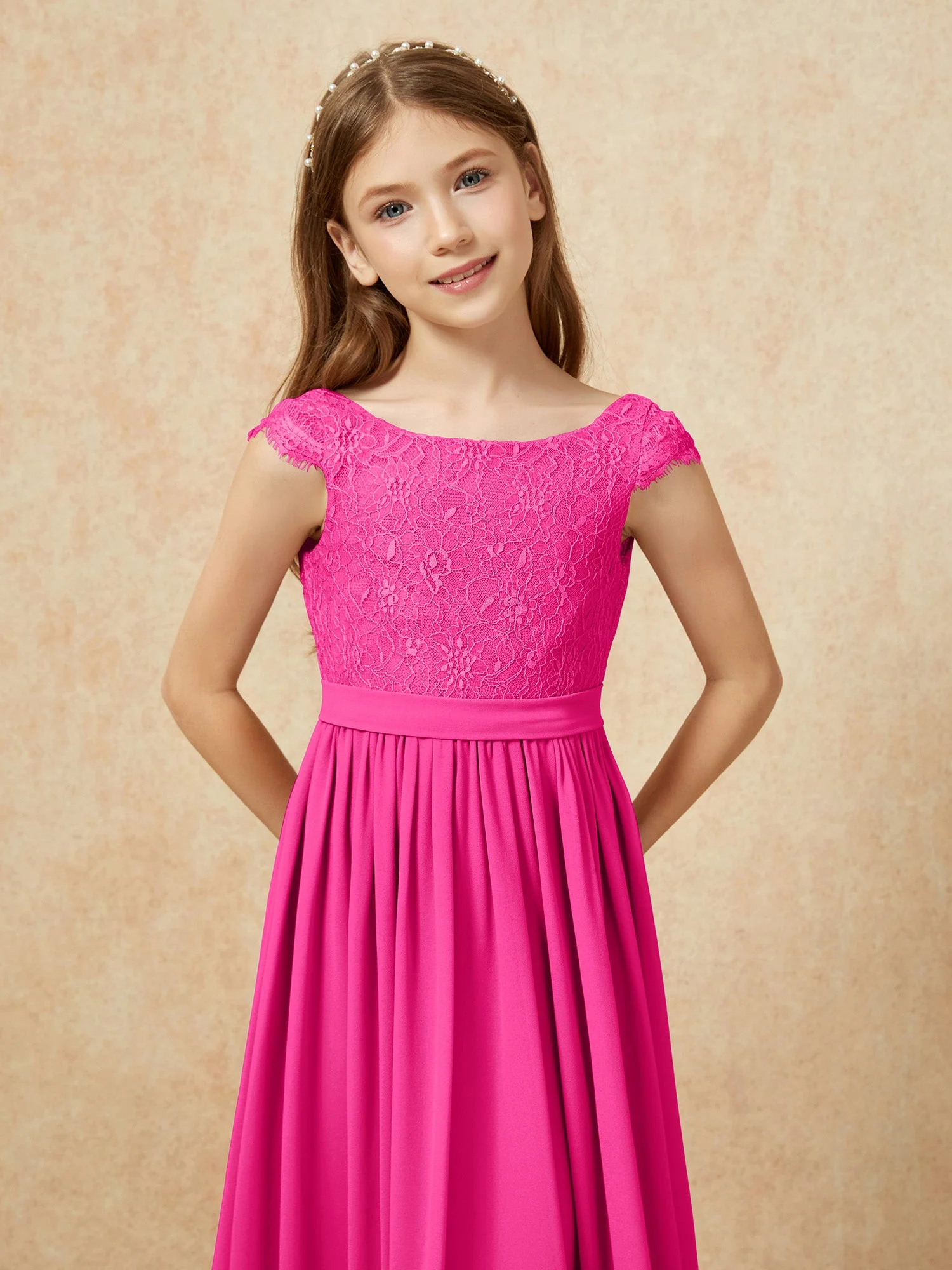 Flügelärmel Spitze Chiffon Junge Brautjungfernkleider Fuchsia - Image 6