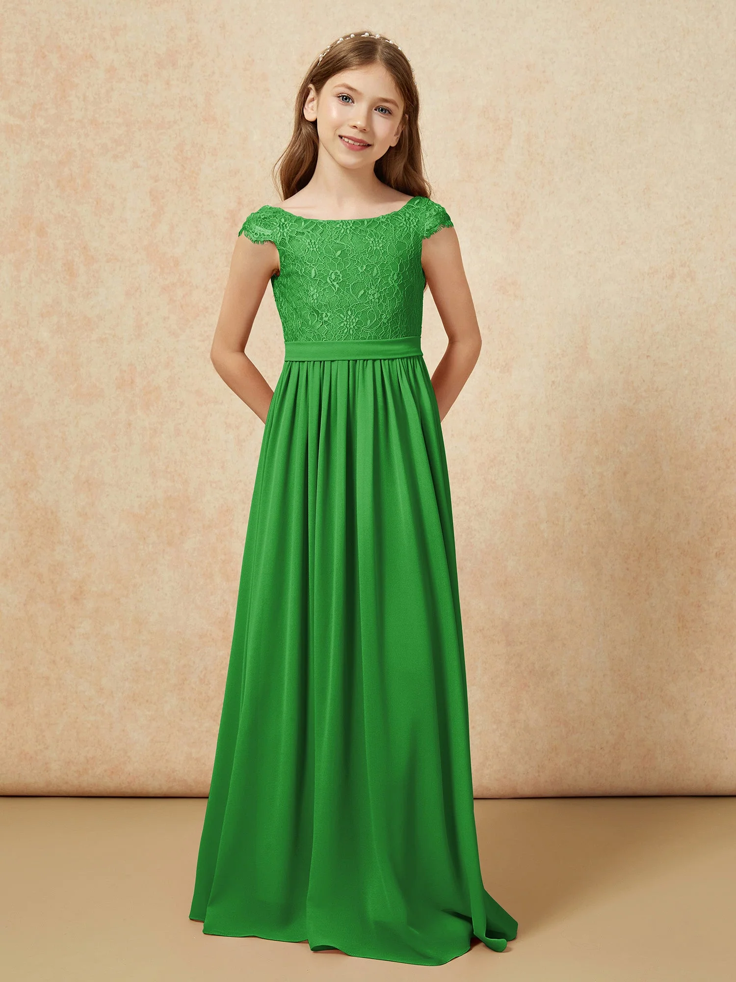 Flügelärmel Spitze Chiffon Junge Brautjungfernkleider Grün - Image 4