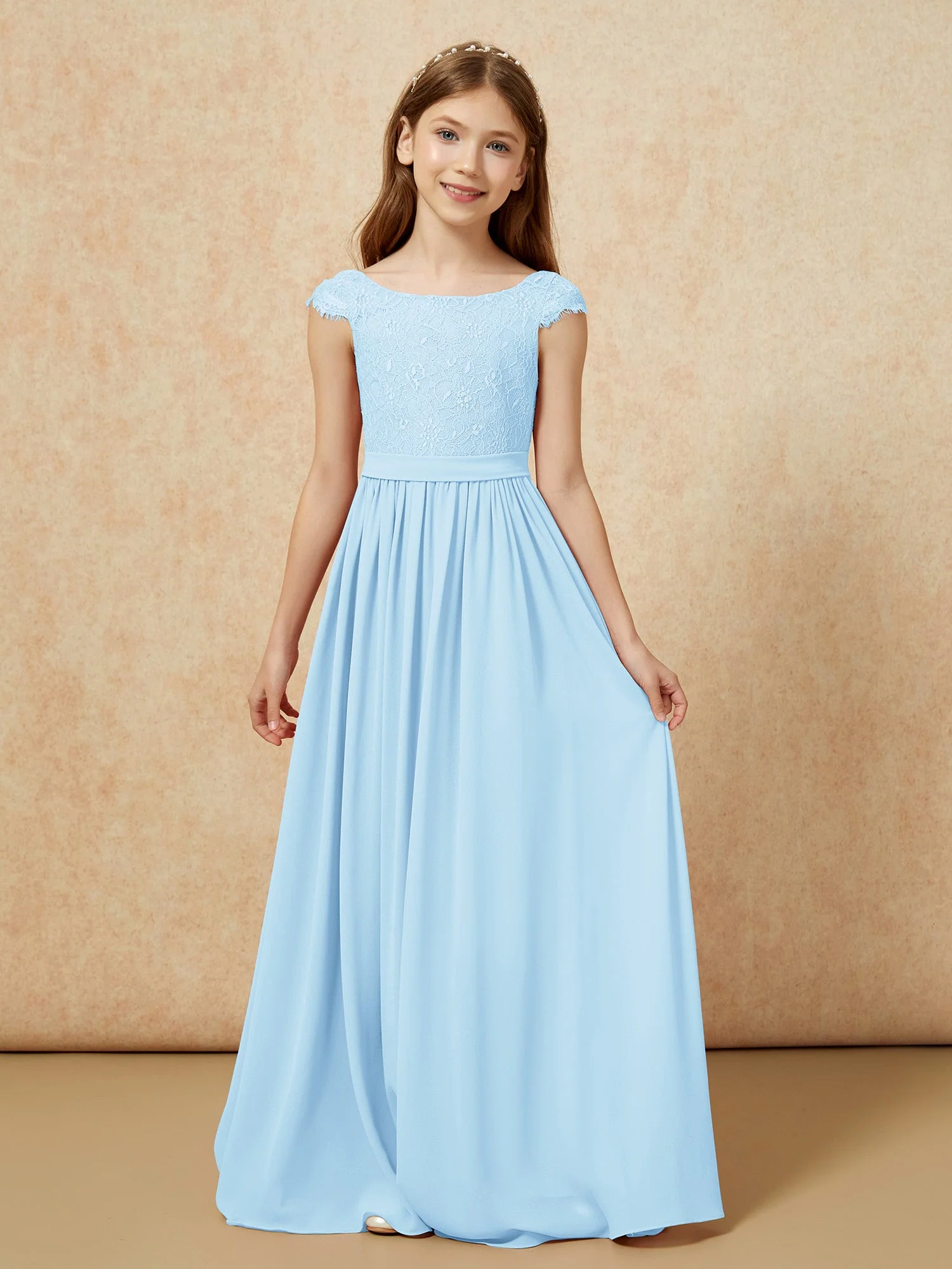 Flügelärmel Spitze Chiffon Junge Brautjungfernkleider Himmelblau