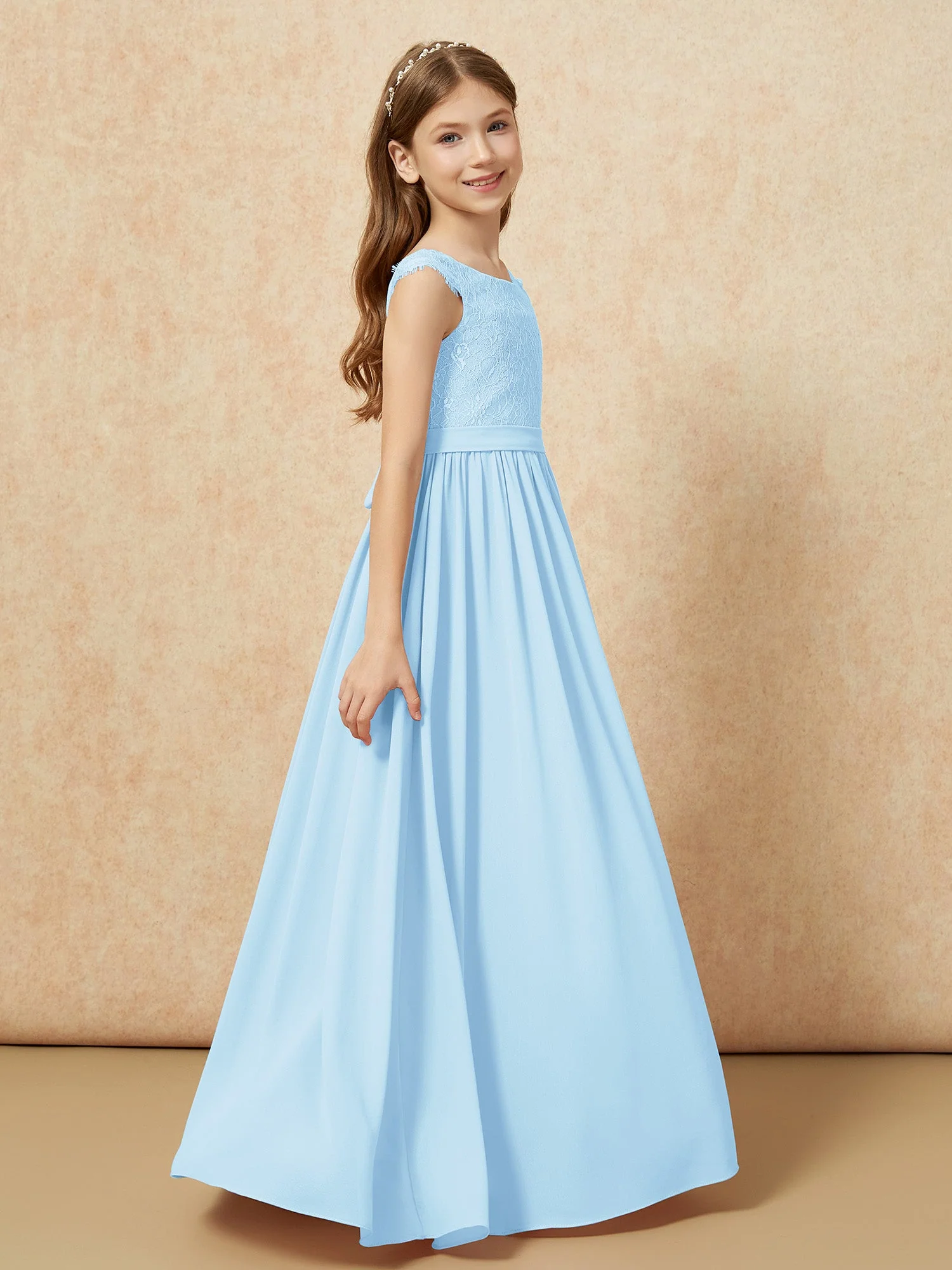 Flügelärmel Spitze Chiffon Junge Brautjungfernkleider Himmelblau - Image 3
