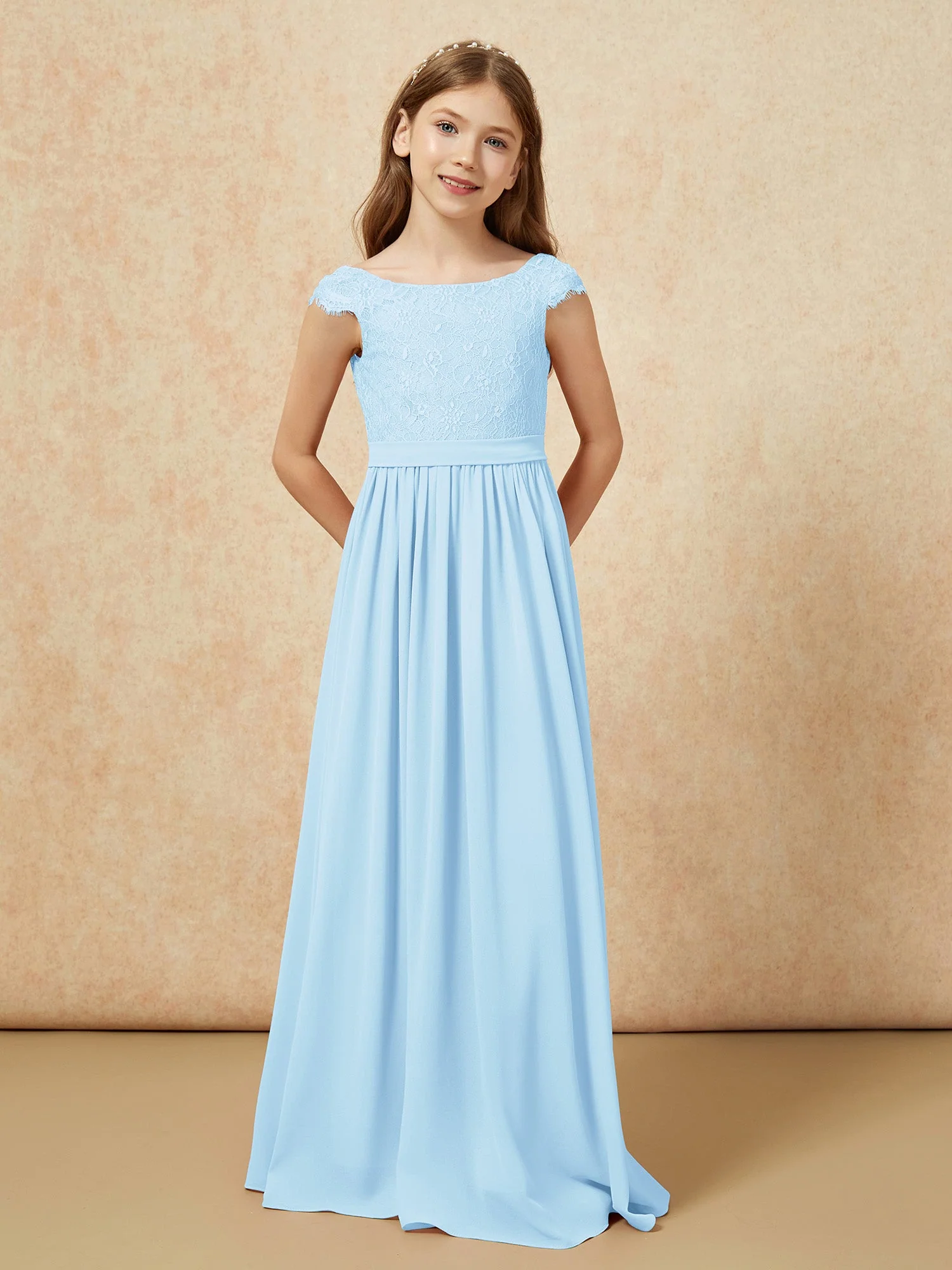 Flügelärmel Spitze Chiffon Junge Brautjungfernkleider Himmelblau - Image 4