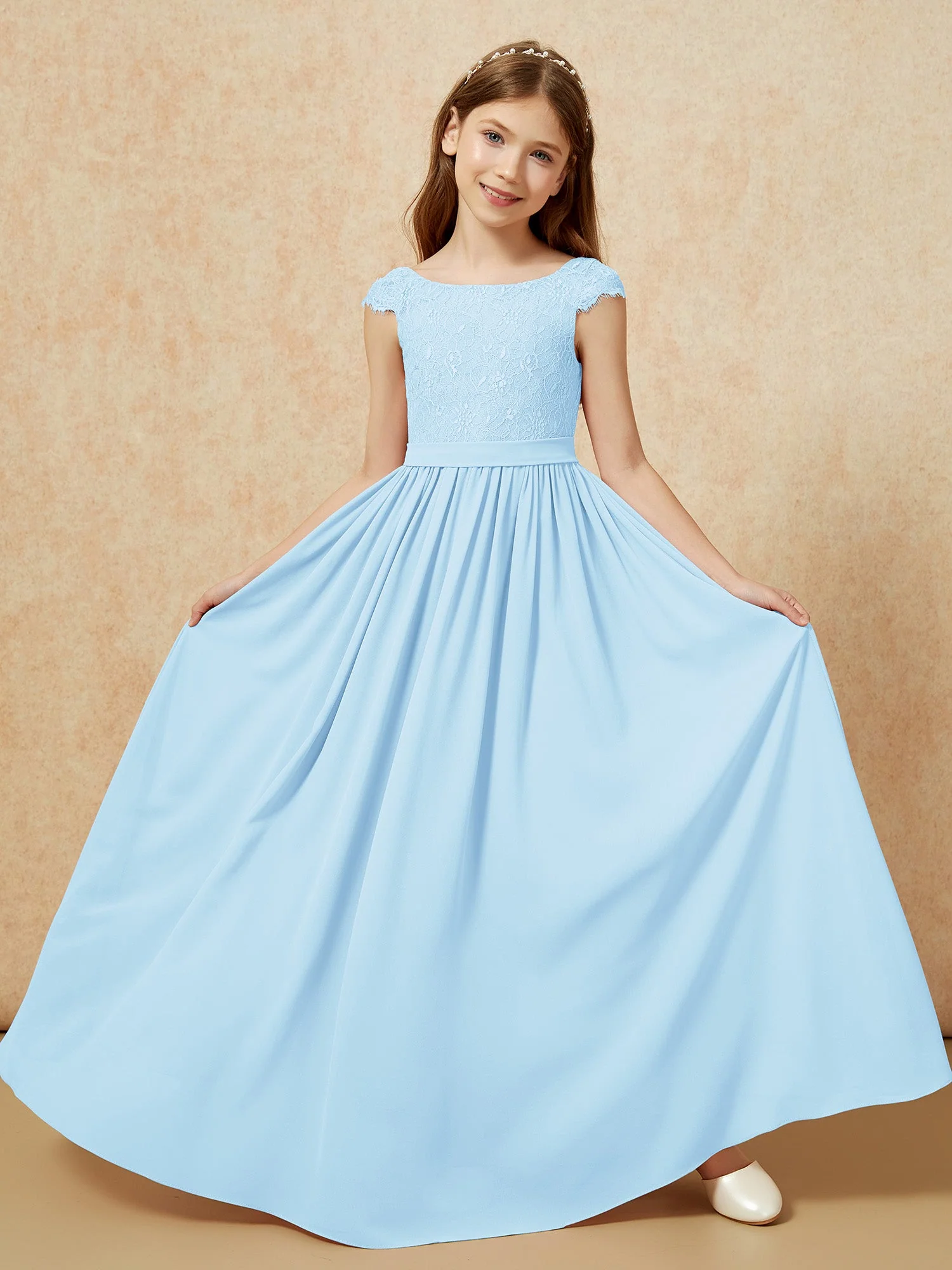 Flügelärmel Spitze Chiffon Junge Brautjungfernkleider Himmelblau - Image 5