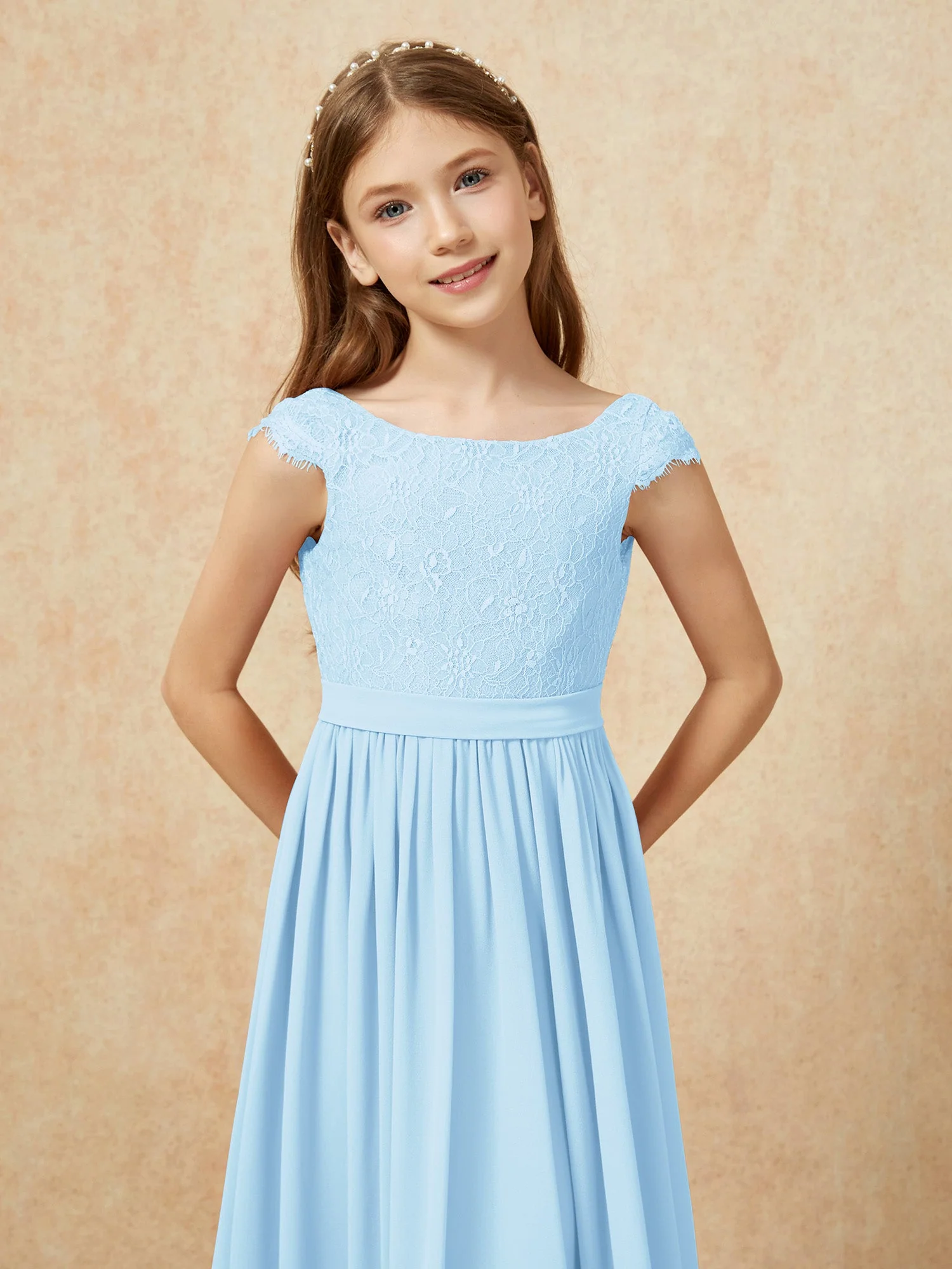 Flügelärmel Spitze Chiffon Junge Brautjungfernkleider Himmelblau - Image 6