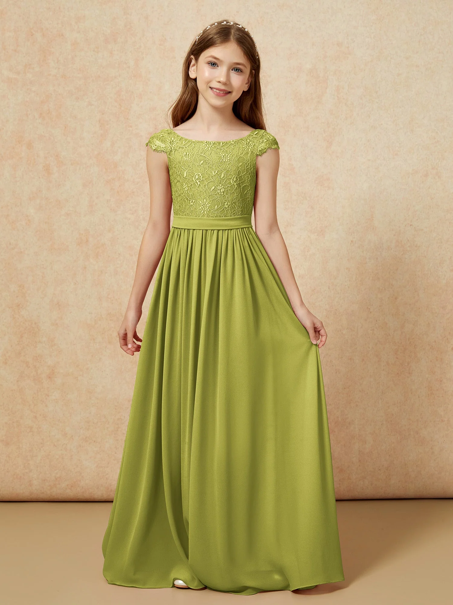 Flügelärmel Spitze Chiffon Junge Brautjungfernkleider Kleegrün