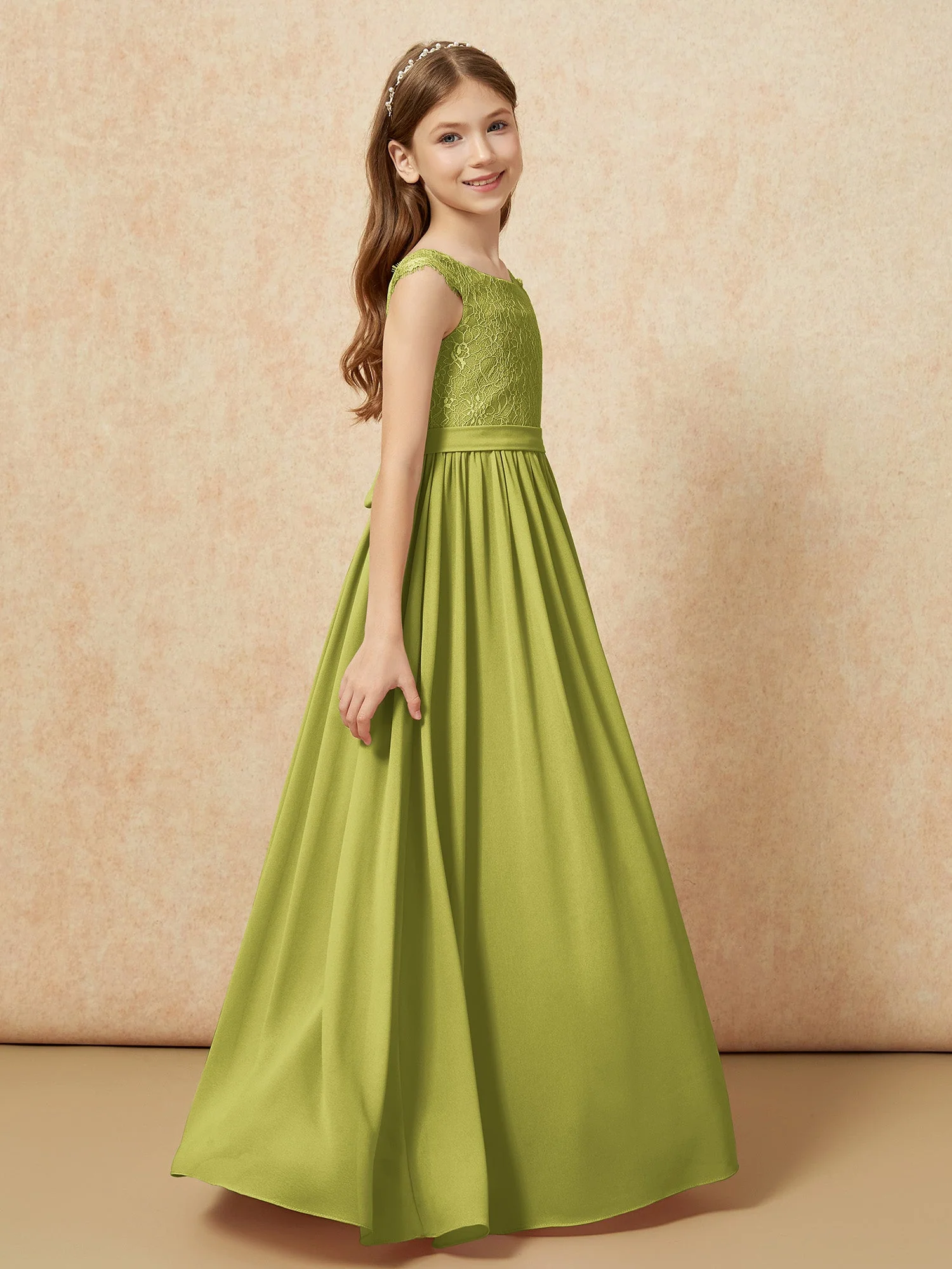 Flügelärmel Spitze Chiffon Junge Brautjungfernkleider Kleegrün - Image 3