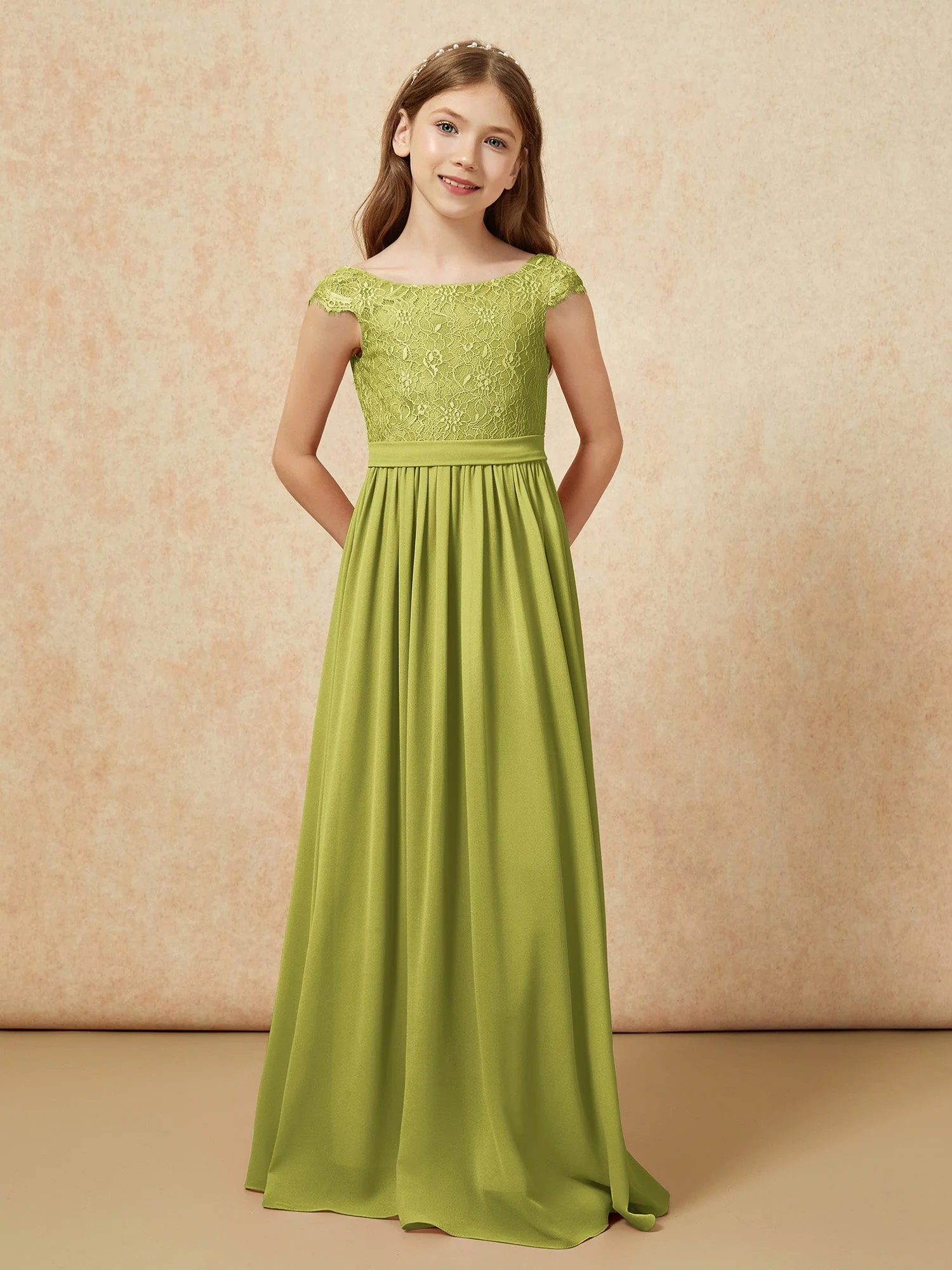 Flügelärmel Spitze Chiffon Junge Brautjungfernkleider Kleegrün - Image 4