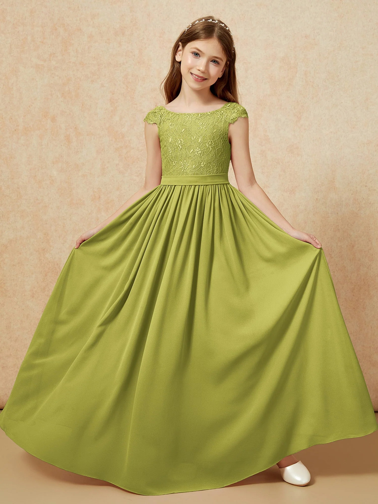 Flügelärmel Spitze Chiffon Junge Brautjungfernkleider Kleegrün - Image 5