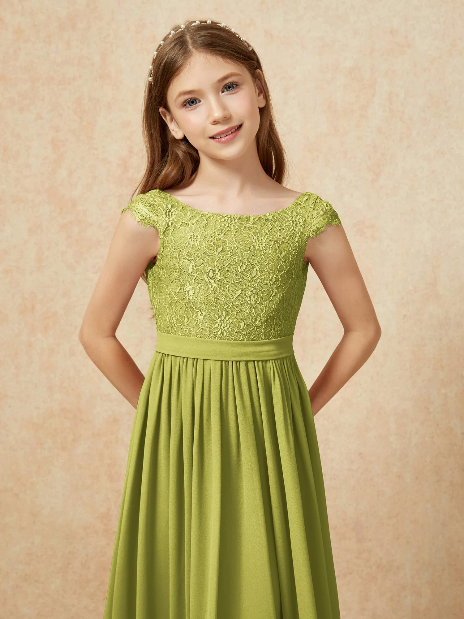 Flügelärmel Spitze Chiffon Junge Brautjungfernkleider Kleegrün - Image 6