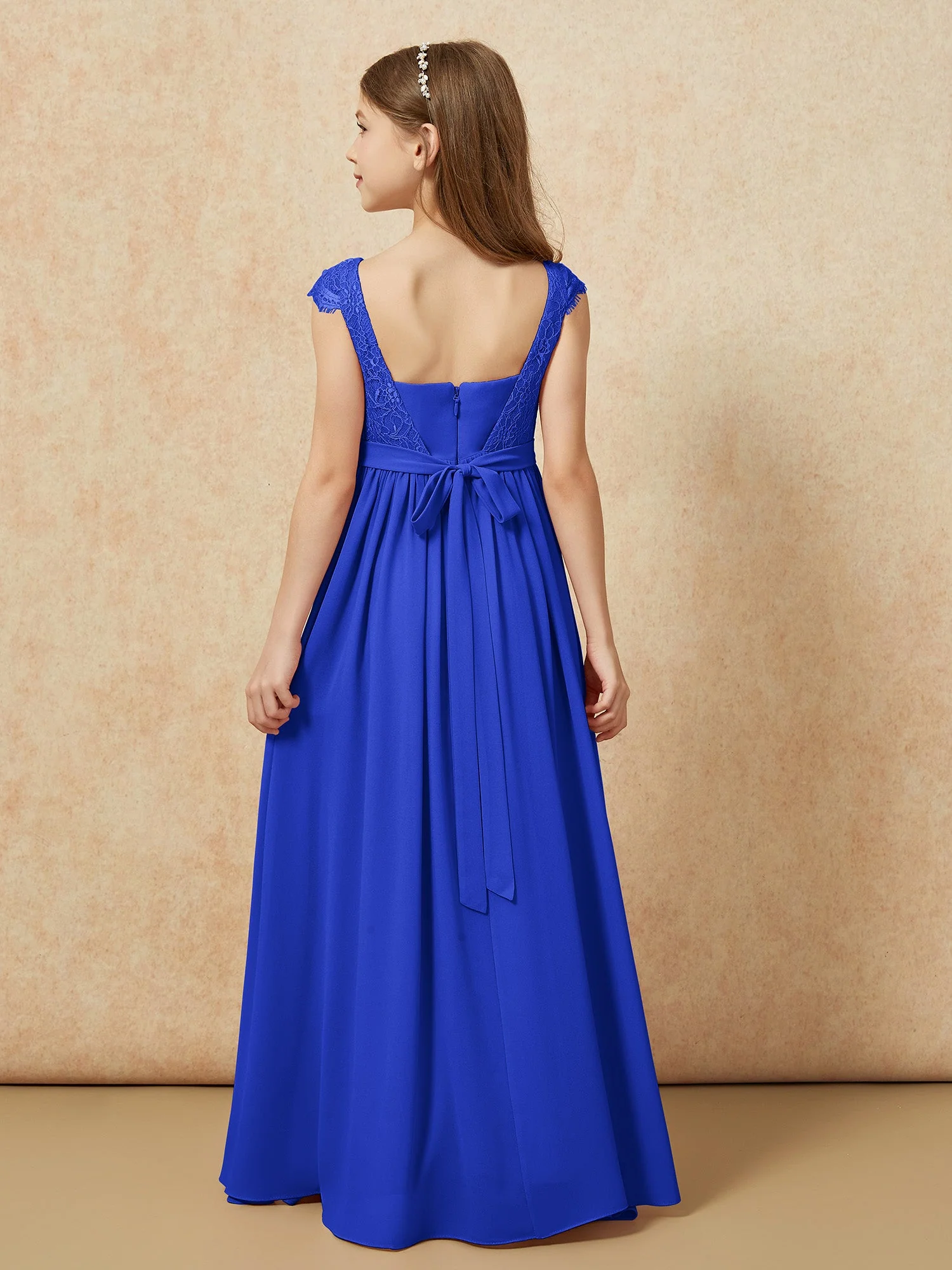 Flügelärmel Spitze Chiffon Junge Brautjungfernkleider Königsblau - Image 2
